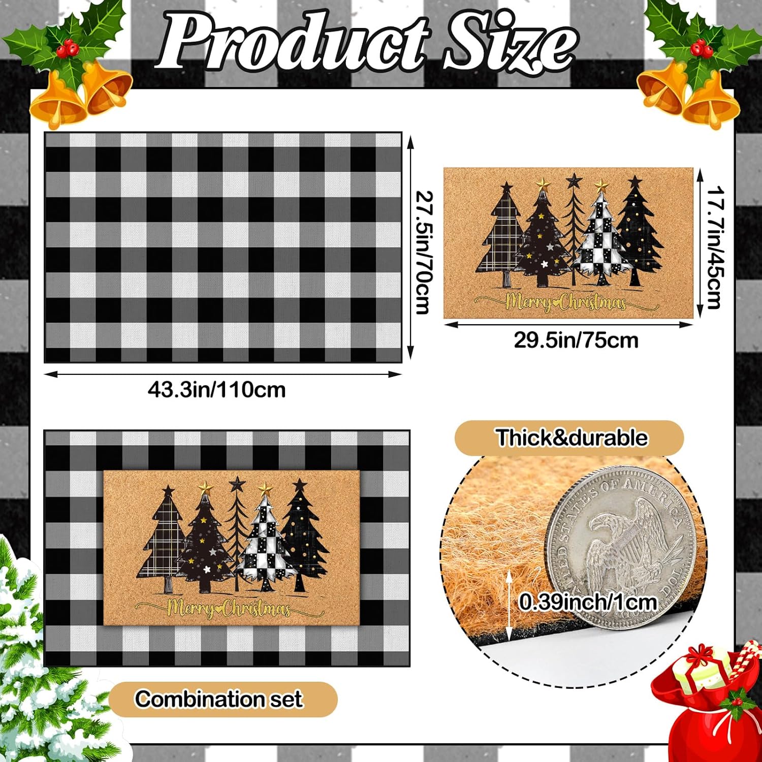 Fourluoo 2 Pcs Christmas Front Porch Rug Buffalo Plaid Christmas Door Mat Imitation Coco Coir Black White Xmas Tree Welcome Layering Rug for Outdoor Winter Home Festival Holiday Decor, 28 x 43 Inch