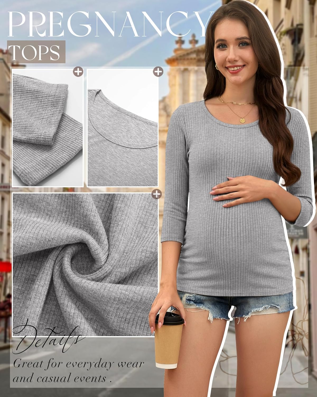 Neer 3 Pack Women's 3/4 Sleeve Maternity Shirts Ribbed Pregnancy Work Tops Quarter Sleeve Round Neck Maternity Clothes - Image 4