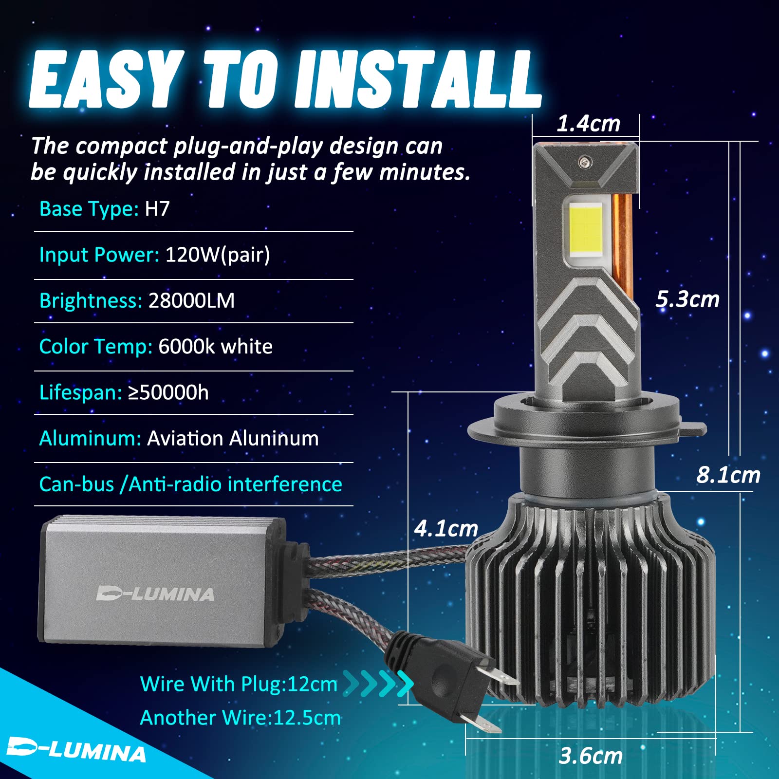 D-Lumina H7 LED Lampadina Canbus Error Free 120W 28000LM Lampada per Auto Conversione Lampadina 6000K, Tubo di Rame Spesso con Elevata Dissipazione Del Calore- 2 anni di garanzia ， 2 pezzi