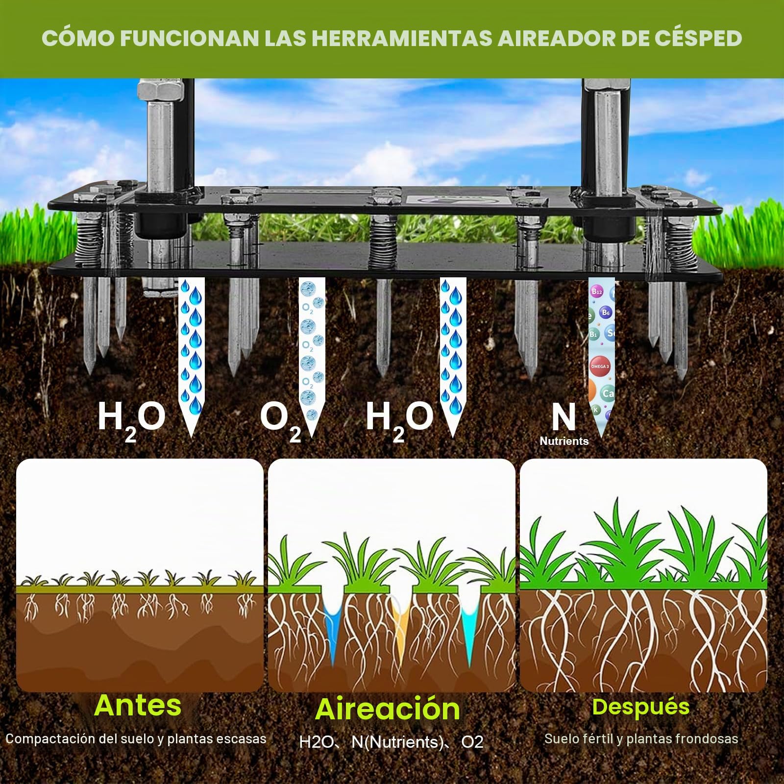 Aireador Cesped, Aireador de césped con 15 Púas de Hierro, Limpieza automática de Hojas y Suciedad, Escarificador Cesped Manual Ajustable en Altura para Cuidado del césped Patio Jardín