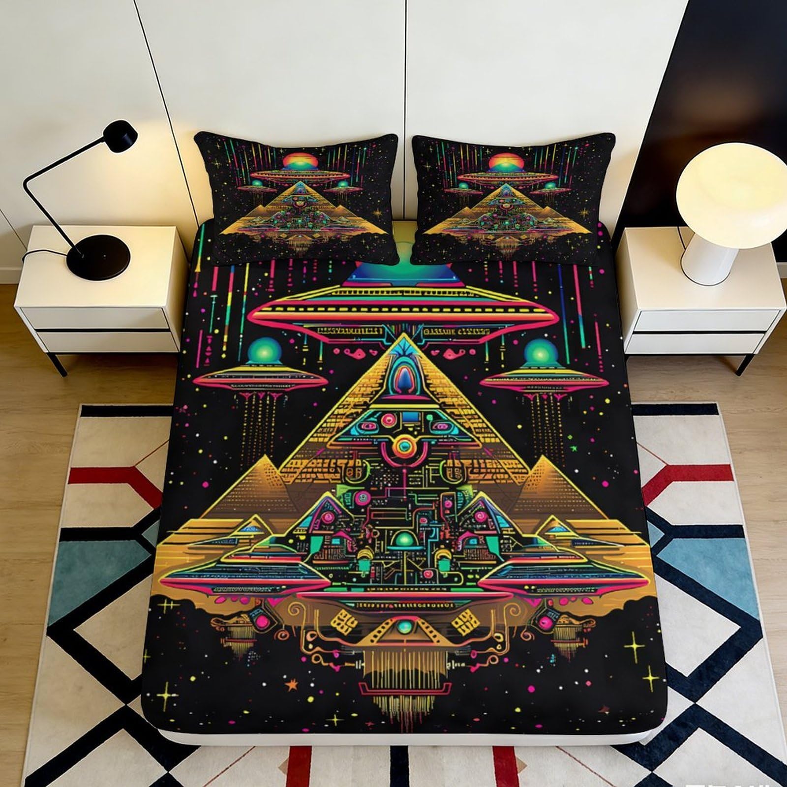 3D Printed Neon Pyramid Fitted Sheet Microfiber Soft Modern UFO Mattress Cover for Bedroom Guest Room Dorm Decor 90x200x25cm