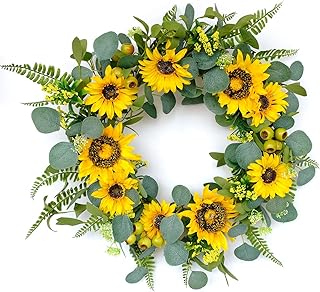 idyllic 18â€Artificial Sunflower Wreath Rustic Farmhouse Decorative Floral Wreath for Front Door Window Wedding Spring Outdoor, Yellow