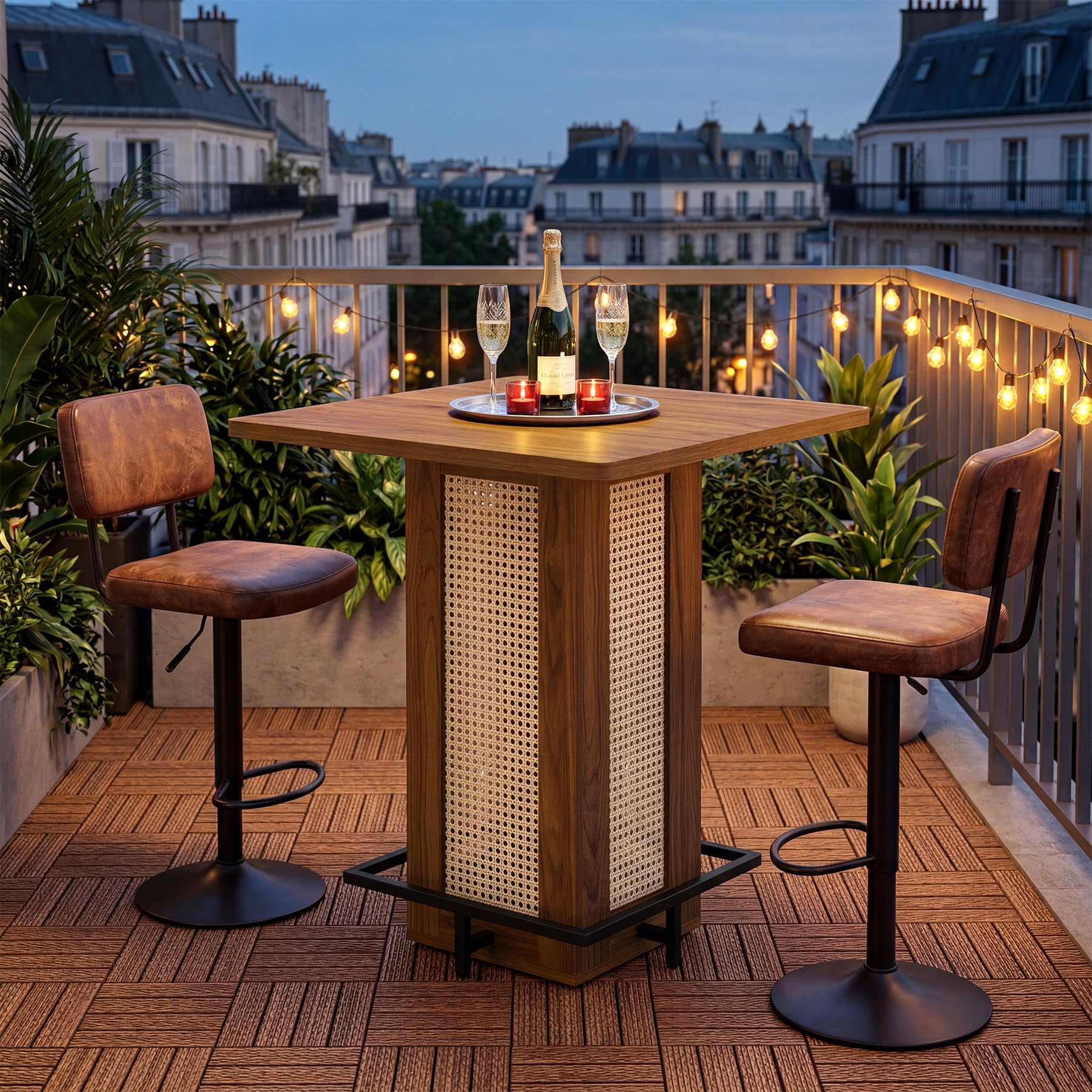 Tribesigns Table de Bar Carrée 80×80cm, Mange-Debout Bohème Cannage Rotin, Plateau Bois Marron Pied Métal Noir, Table Haute avec Repose-Pieds pour Cuisine Salon Café Balcon