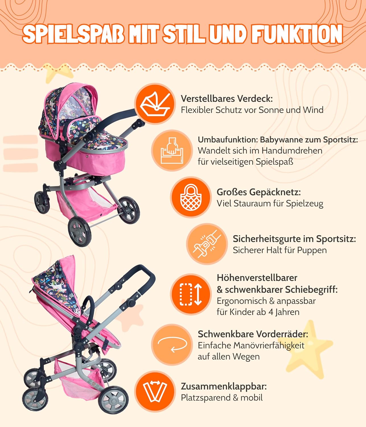 Bayer Chic 2000 Mika Doll Stroller, 2 in 1 Combination Stroller for 4-8 Years Old, Stroller for Dolls up to 52 cm, Unicorn, Navy Pink