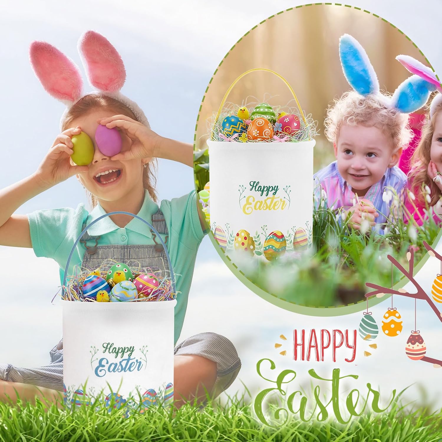 Honeydak 6 PCS Easter Eggs Hunt Basket for Kids Bunny Canvas Rabbit Tote Carry Bucket Bags(Color 8,Colorful Eggs)