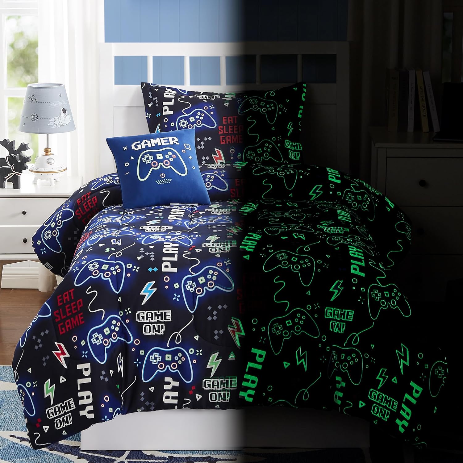 Kids Comforter Set Twin Size for Boys, Glow in The Dark Gamer Bedding Set 1 Comforter, 1 Decor Pillow, 1 Pillow Sham, Twin XL Comforter Set Dorm Bedding