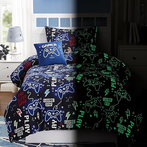 Juego de edredón para niños, tamaño individual, juego de ropa de cama que brilla en la oscuridad, 1 edredón, 1 almohada decorativa, 1 funda de
