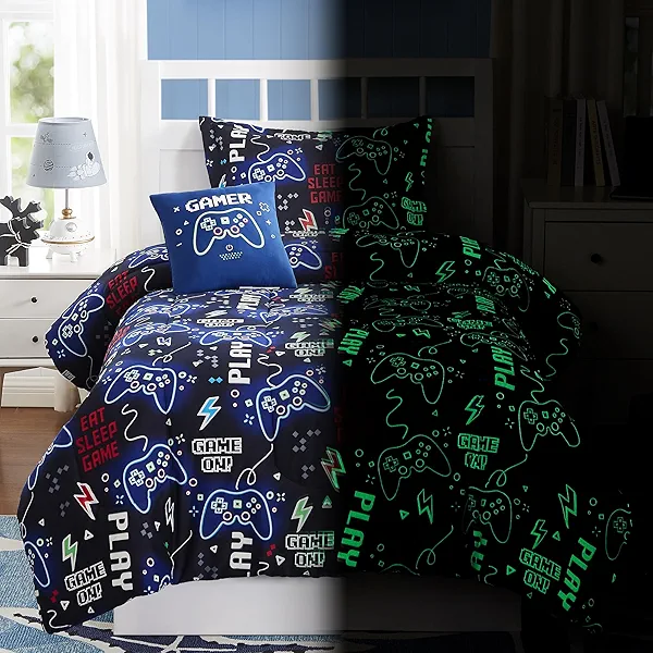 Kaleido Space Kids Comforter Set Twin Size for Boys, Glow in The Dark Gamer Bedding Set 1 Comforter, 1 Decor Pillow, 1 Pillow Sham, Twin XL Comforter Set Dorm Bedding