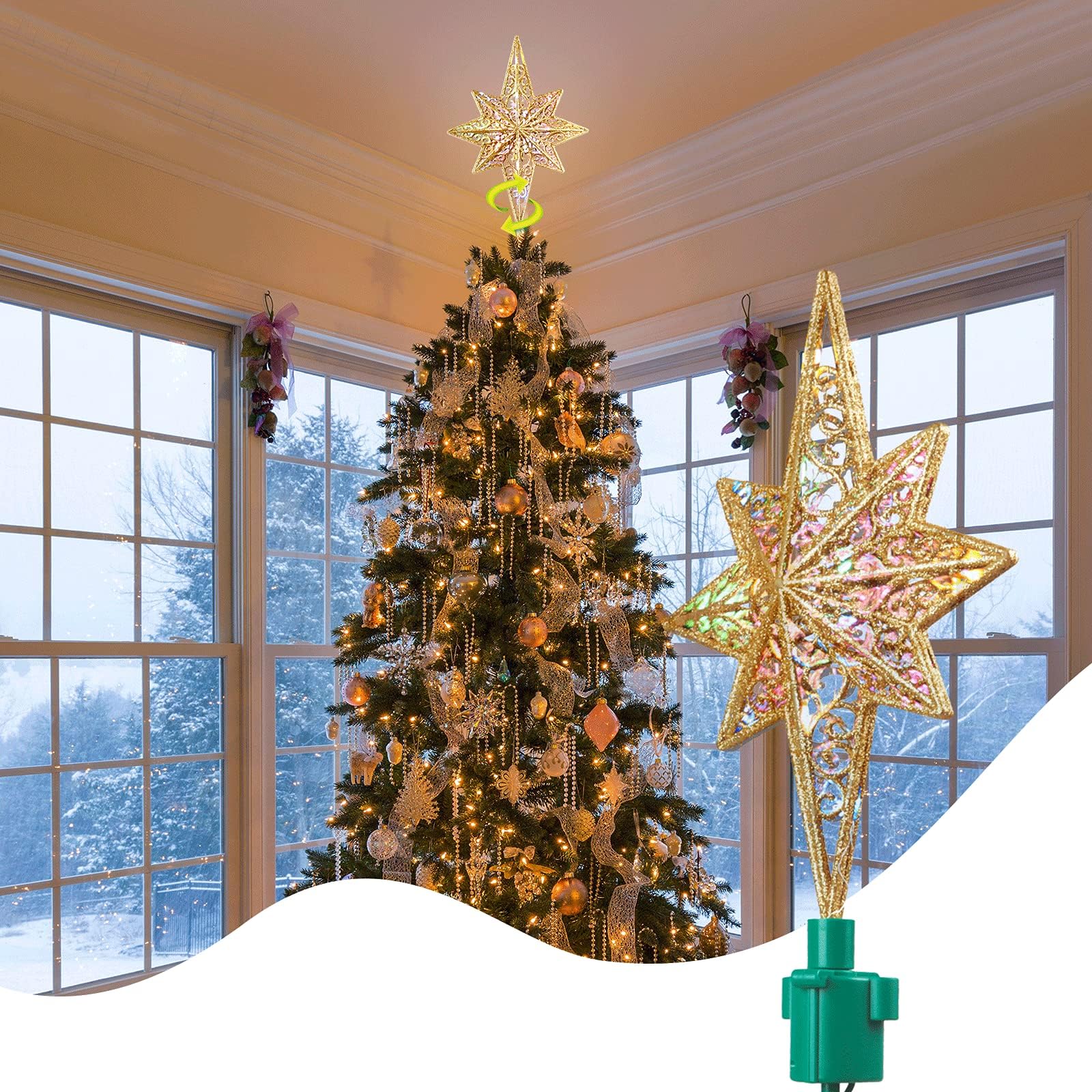 Christmas Star Tree Topper Lighted Pre-lit Bethlehem Star Tree Topper 360° Rotating Christmas Glitter Star Ornament with 20 LED Multicolor Lights Plug in for Christmas Tree Decoration (10inch)