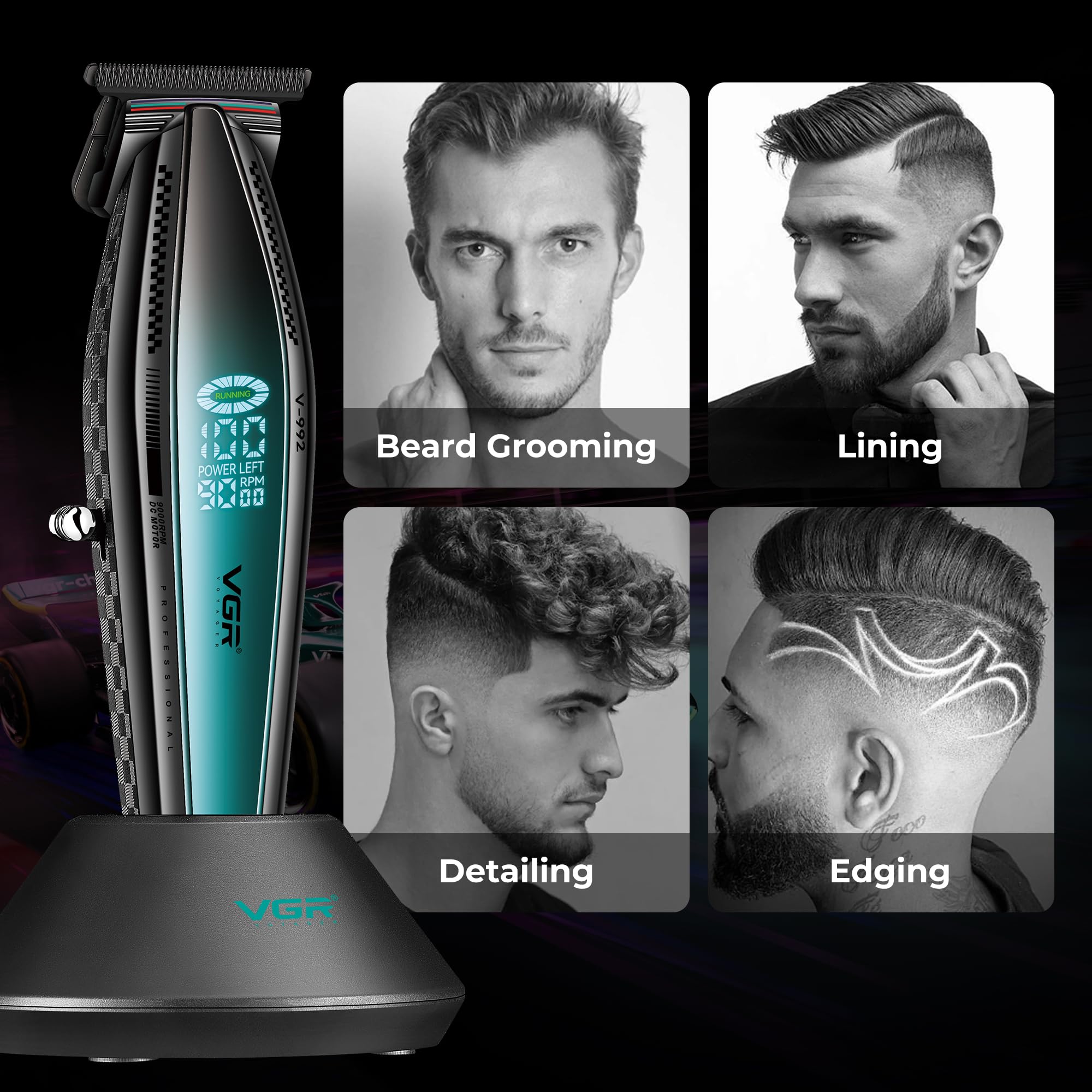 VGR Professioneller Bartschneider für Männer, 9000 U/min Elektrischer Gleichstrommotor, Präzisions-DLC-T-Klinge, kabelloser USB-C-wiederaufladbarer 240-min-Akku mit Dock, Barber Hair Detailer für