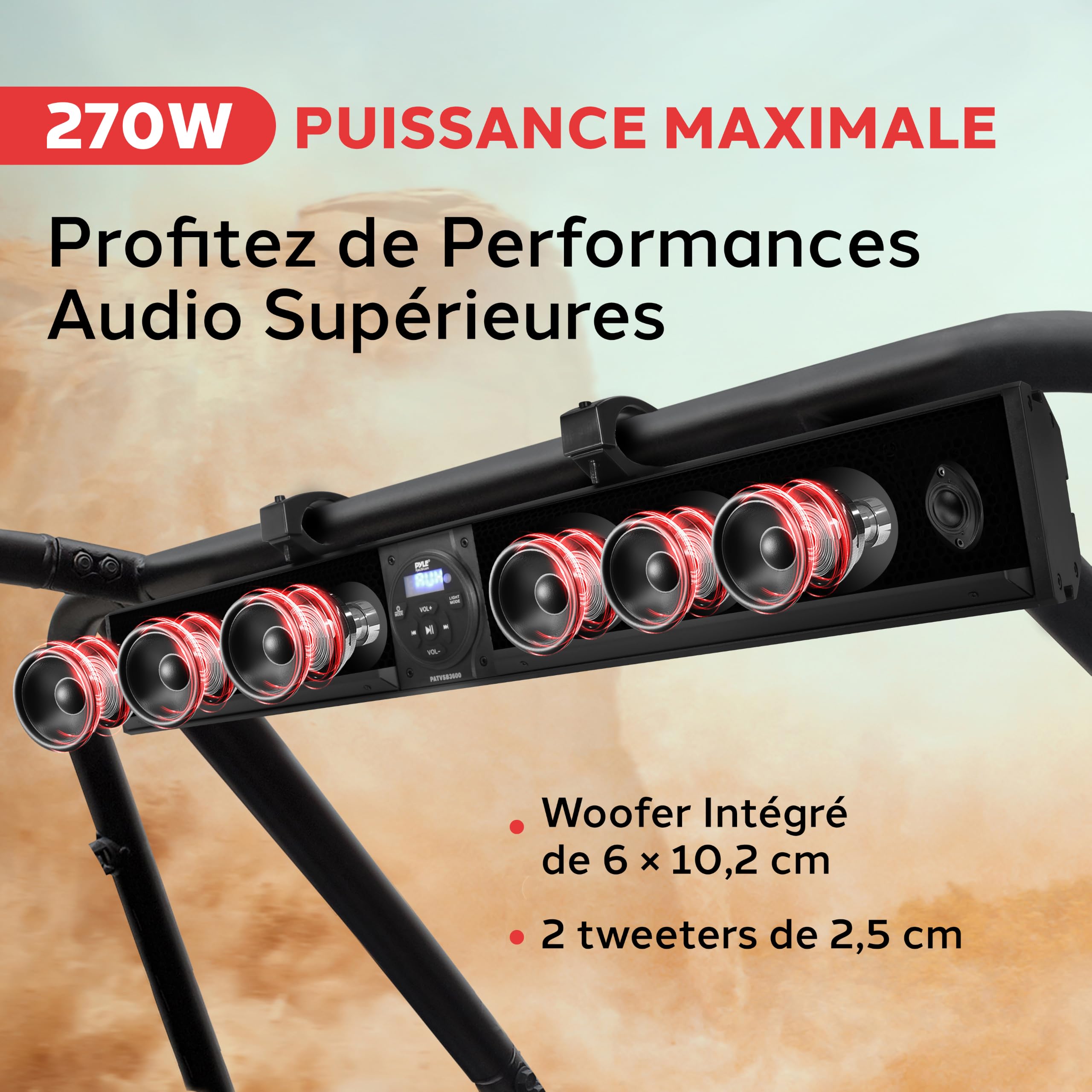 Pyle Barre de Son Marine de 91,4 cm pour VTT/UTV avec Bluetooth, 270 W, amplificateur intégré, woofer 6 x 4, hauteurs 2 x 1, télécommande, entrée USB/AUX, Support de Guidon