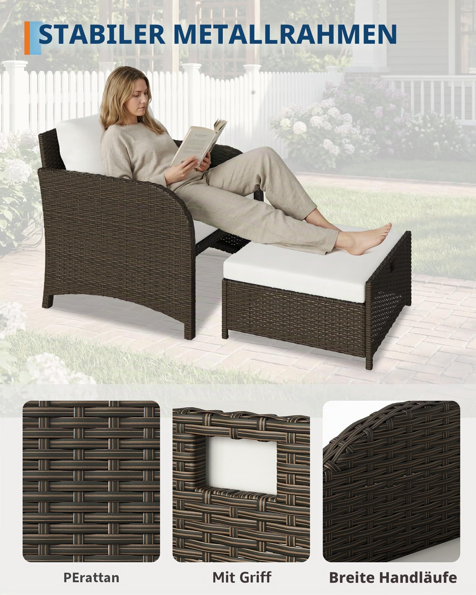 Rattan Gartenmöbel Set 5 Teilig, Lounge Möbel Outdoor Balkon | Bequemen Polstern, Ottomans,Gehärtetem Glas Couchtisch, Garten,Veranda,Terrasse,Wetterfestes ,Terrassenmöbel