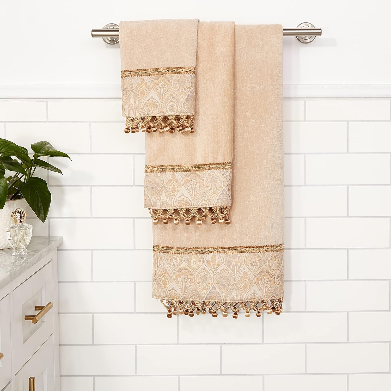 Sherry Kline Mandalay Embellish Towel Set -1 Bath Towel 1 Hand Towel & 1 Wash Cloth,Quick Dry & Elegant, Durable & Machine Washable, Soft & Absorbent Bathroom Towels (Cotton, Taupe, 3 Piece)