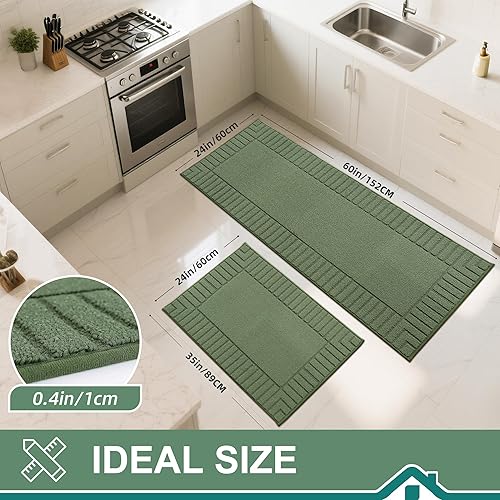 Miniatura 2 de BEQHAUSE -Alfombras de cocina antideslizantes para piso, lavables a máquina, 2 piezas de alfombra de cocina con respaldo de TPR, verde, 24 x 35