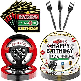 96 Pcs 16th Birthday Decorations for Boys, Drivers License Transportation Themed 16 Year Old Party Supplies Tableware Set for 24 Guests, Includes Plates Napkins Forks