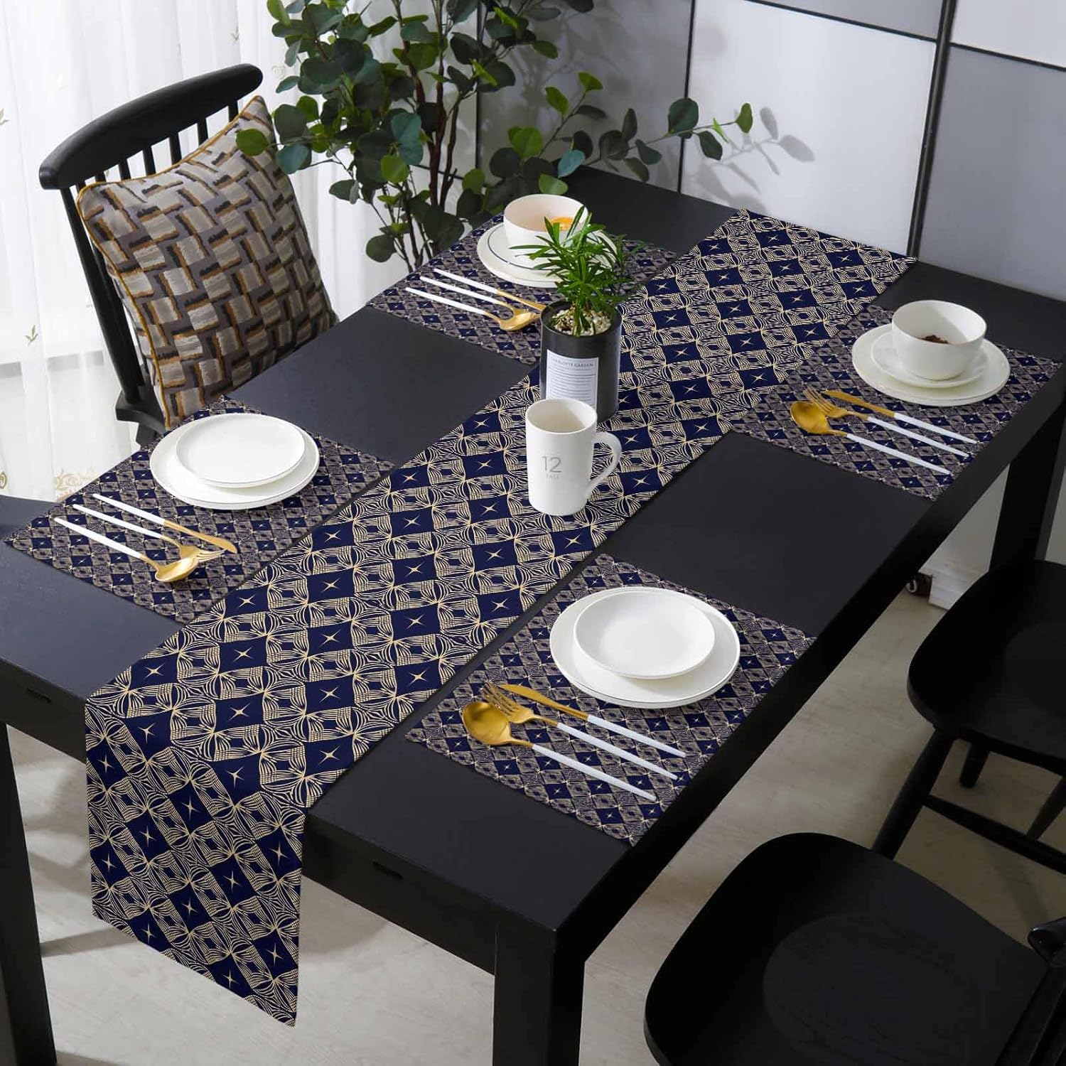Amazon.com: Shine-Home Blue Gold Placemats Set of 6 with 90 Inches Long Table Runners, Cotton ...