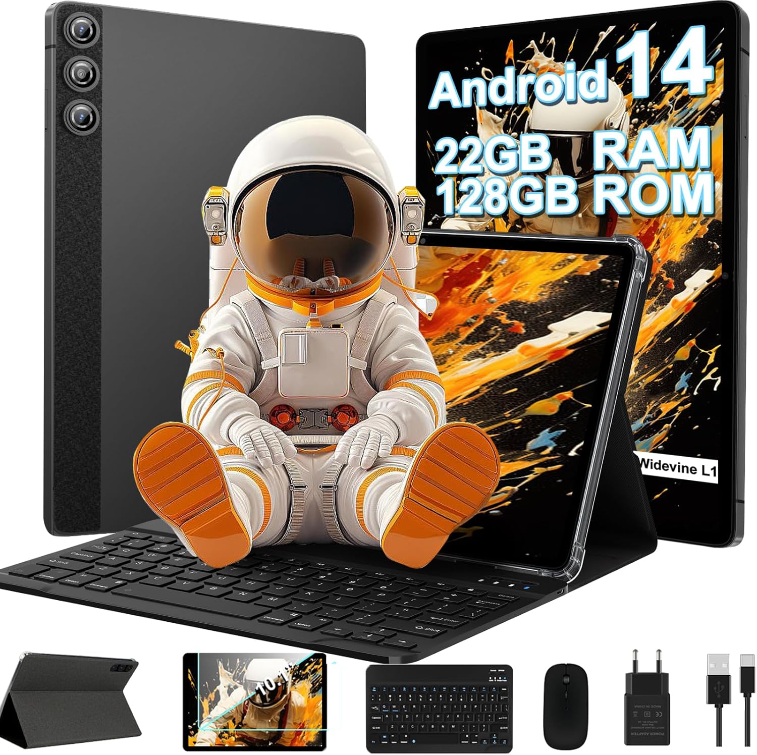 Android 14 Tablet, 10 Inch IPS Screen, 22GB RAM, 128GB Storage, 8000mAh Battery, Octa-Core, Includes Keyboard and Mouse