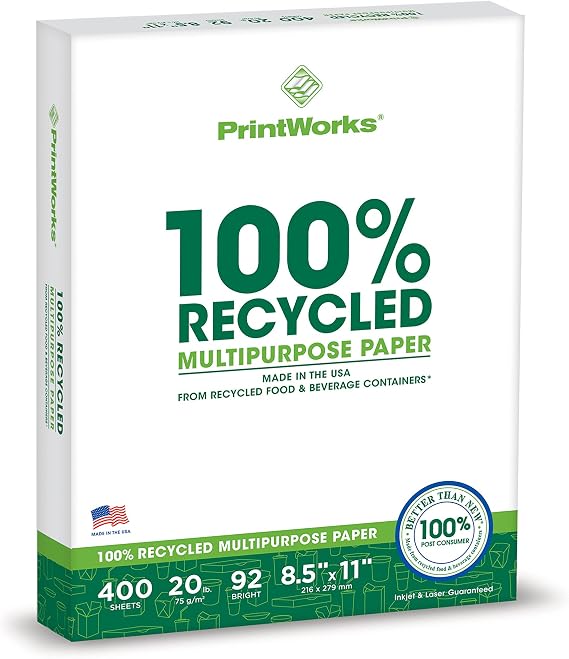 PrintWorks 100% Recycled Printer Paper 8.5 x 11 White - 20 lb Copy & Multipurpose Computer Paper - 6 Packs, 2400 Sheets - Made in the USA - 92 Bright - Printer & Copier Compatible (00018C)