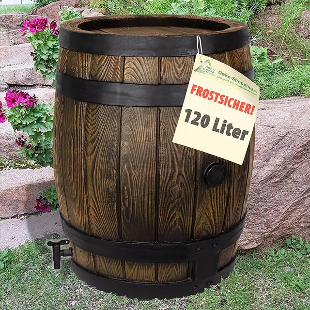 AMUR AMUR Regentonne Eichenfass 120 Liter REGENFASS FROSTSICHERES Regenfass mit Deckel und Wasserhahn, schöner Fast unverwüst — Regenfässer