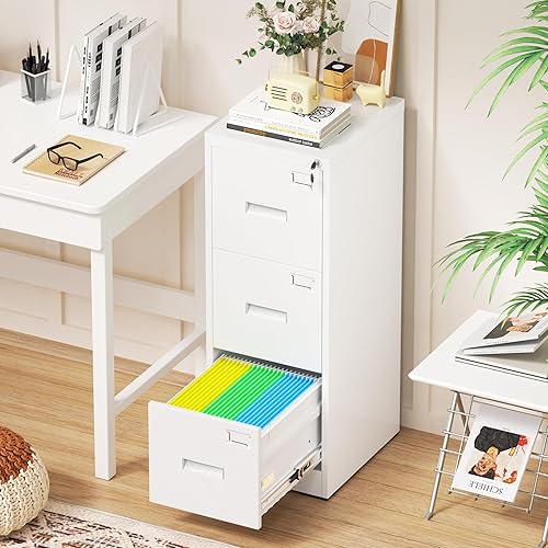 Miniatura 7 de Bonusall Archivador vertical con cerradura de 3 cajones de bloqueo vertical, archivador de oficina de metal, organizador horizontal con estante 10