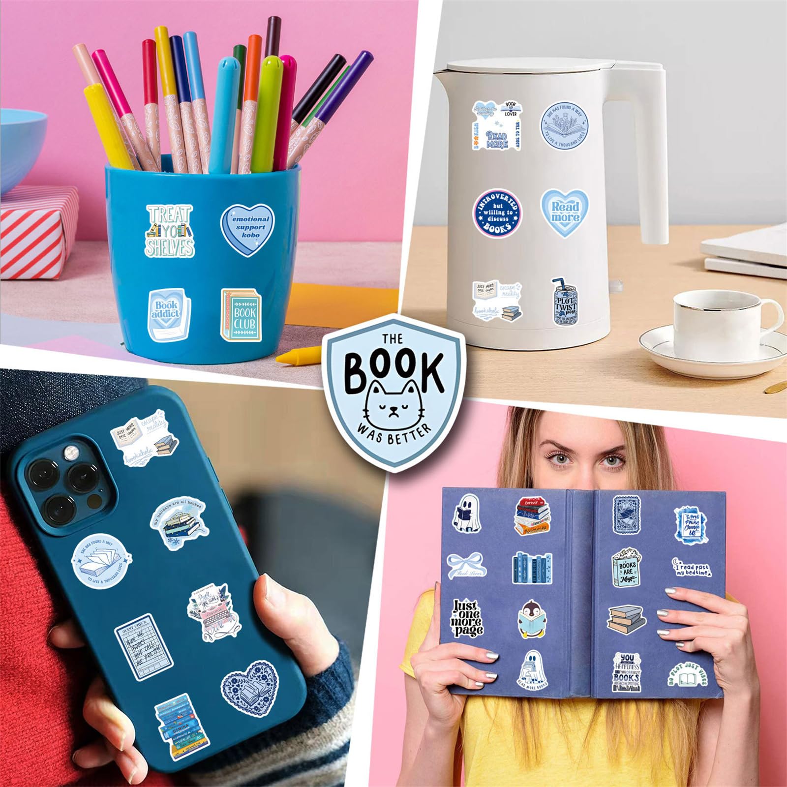 50 calcomanías de libros para Kindle, paquete de calcomanías para laptop, lectores de libros electrónicos, lindas calcomanías de vinilo para botella de agua, holográficas, impermeables, románticas