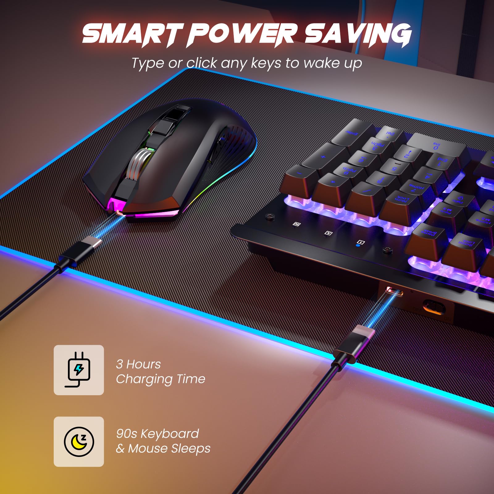 RisoPhy Tastiera e mouse wireless da gioco, pannello in metallo, retroilluminazione a 7 colori, batteria ricaricabile da 3200 mAh, poggiapolsi, modalità sleep, tastiera illuminata + mouse da gioco 7D