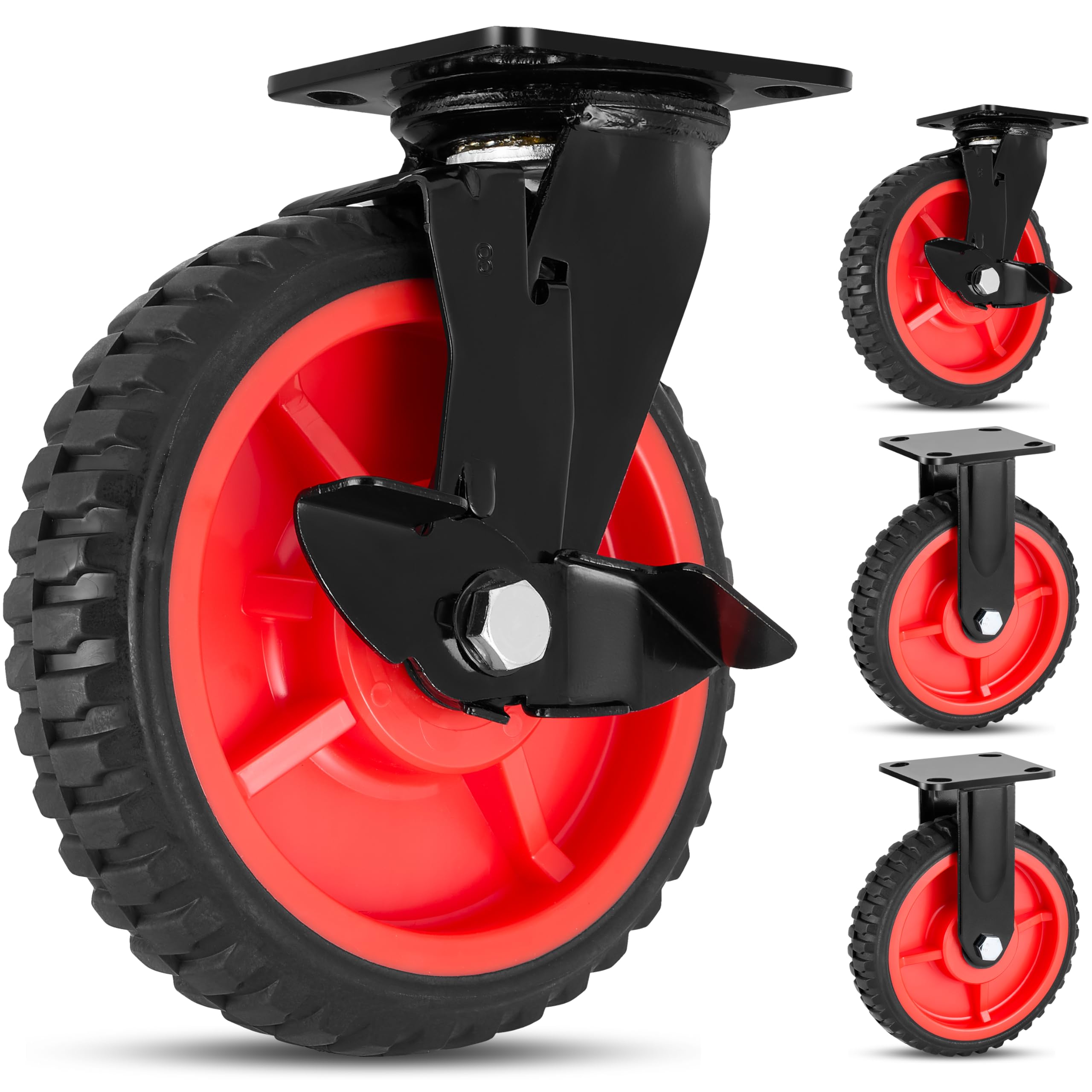 Nfbcxutkw Red+Black 8 Inch Heavy Duty Caster Wheels Set Of 4 (2 Brake & 2 Fixed) 3300Lbs Outdoor Solid Rubber Never Flat All-Terrain Swivel Casters W/Knobby Thread For Cart/Dolly/Toolbox/Coop/Workbench/Shed