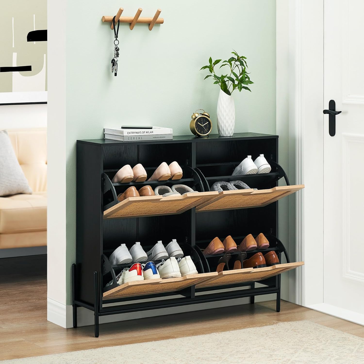 GAOMON Natural Rattan 4 Flip Door Shoe Rack Storage Cabinet, Shoe Cabinet Organizer Freestanding with 3-Tier Adjustable Shelves for Entryway, Entrance Hallway (4 Flip Doors, Black)
