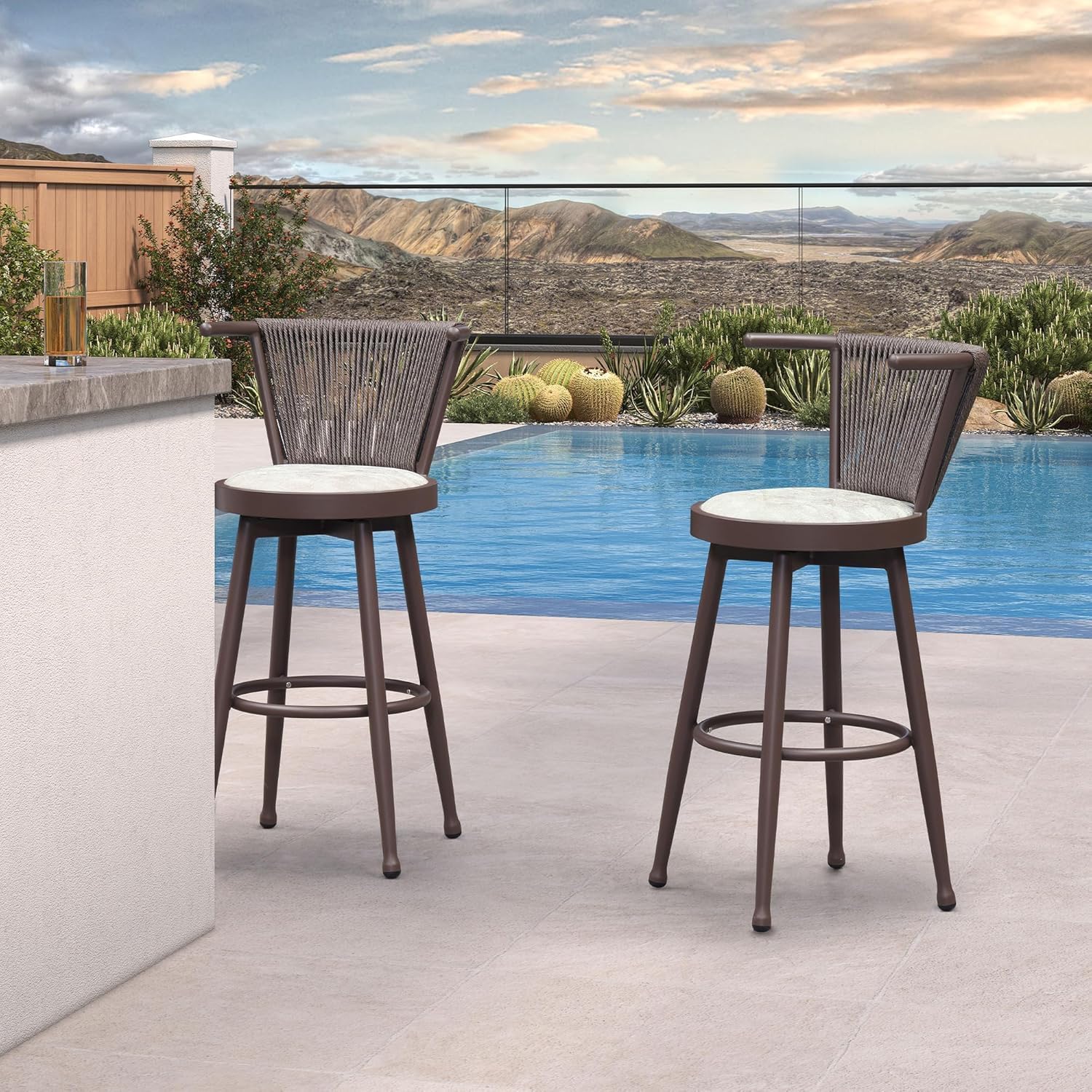 PURPLE LEAF Outdoor Swivel Counter Height Bar Stools Set of 2 Metal Modern Wicker Bar Chairs Wraparound Back and Armrests Aluminum Woven Barstools with Cushions for Kitchen Balcony Garden Indoor Brown