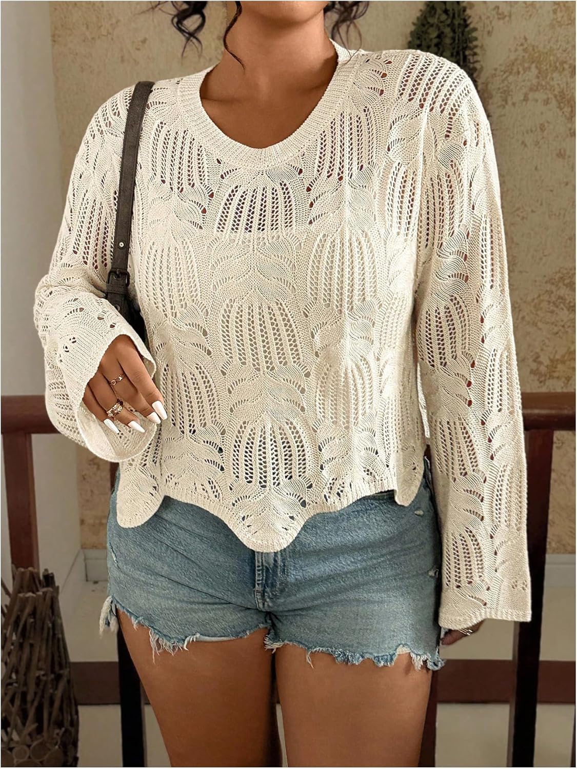 Women's Plus Size Crochet Hollow Out Crop Sweater Crew Neck Bell Long Sleeve Pullover Knit Tops - Image 5