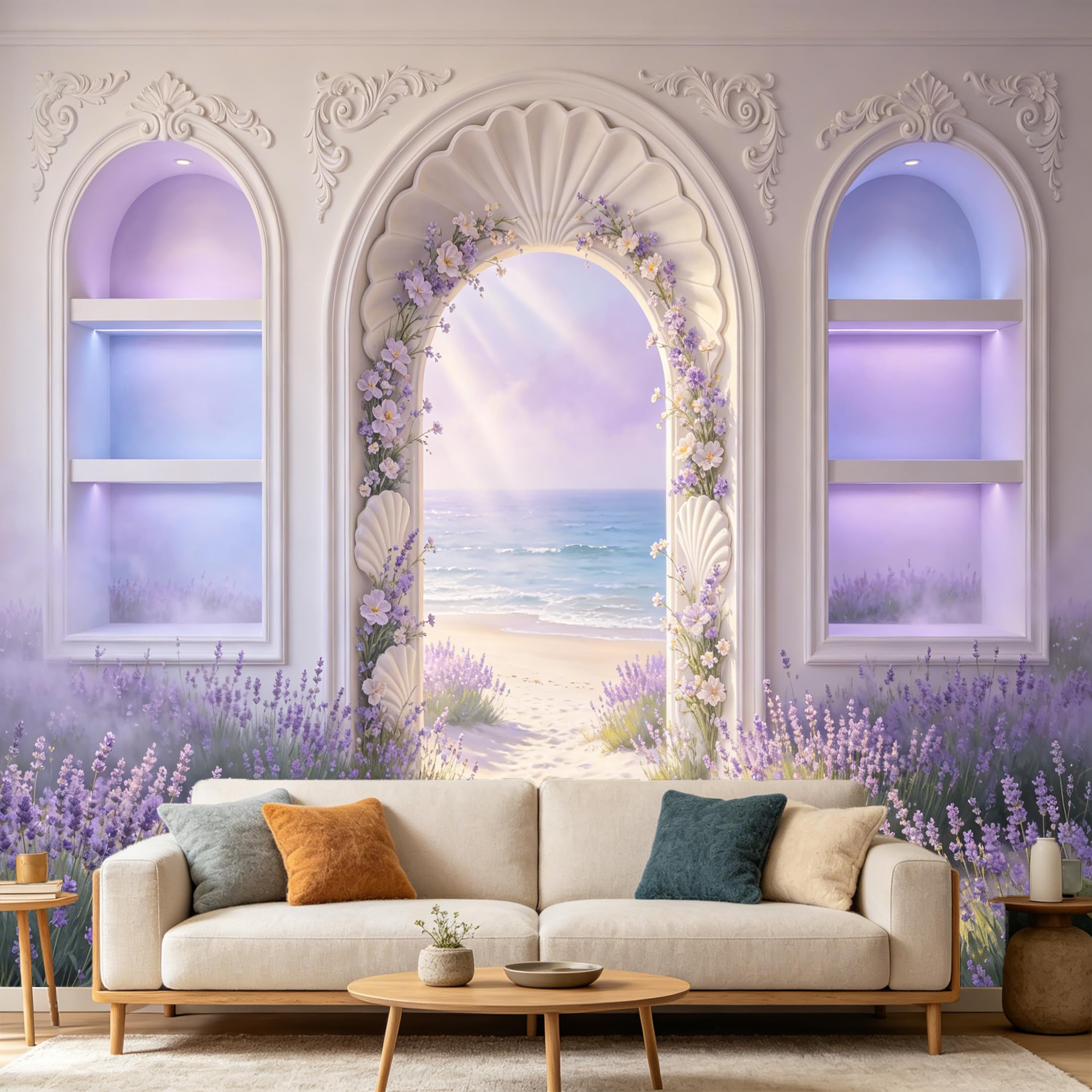 Custom Size Wall Mural， 3D Trompe L'Oeil Archway Coastal Beach Lavender Flower Sea View， SelfAdhesive Art Prints wall Fabric Removable Large Wallpaper Home Living Room Decor