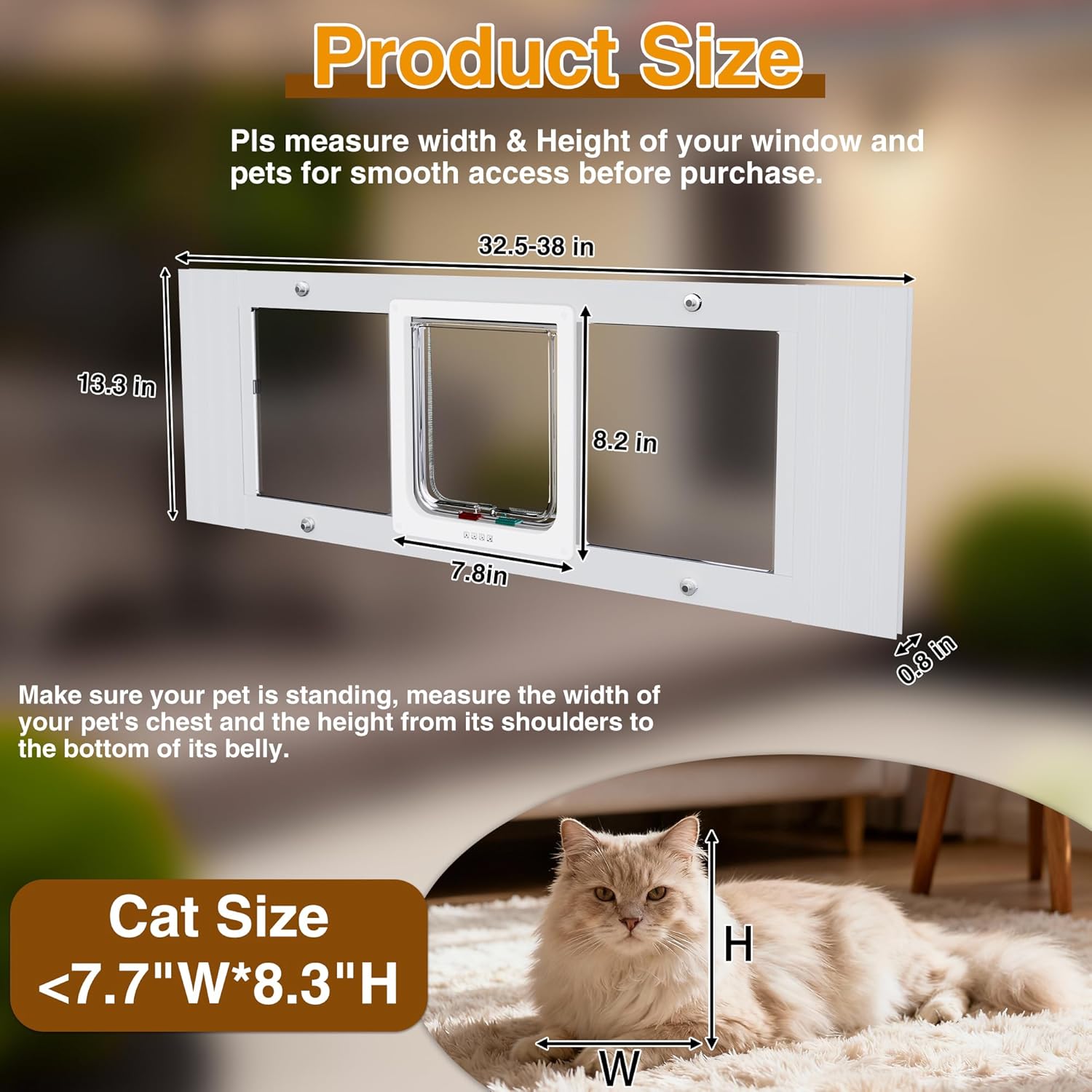 Cat Door for Window, Adjustable Width 32.5-38”, Vertical Window Pet Door Insert for Cat& Small Dog with 4 Locking Modes, Quick-Fit Clear Cat Window Door Magnetic Close, Weatherproof Design- White