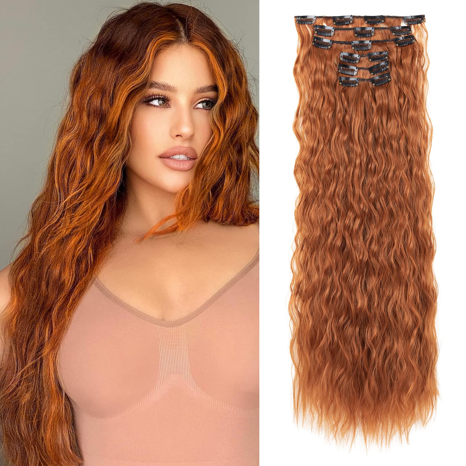 LONAI Clip In Hair Extensions, 6PCS Curly 24" Long Synthetic Clip On Hairpiece For Women-Copper Red