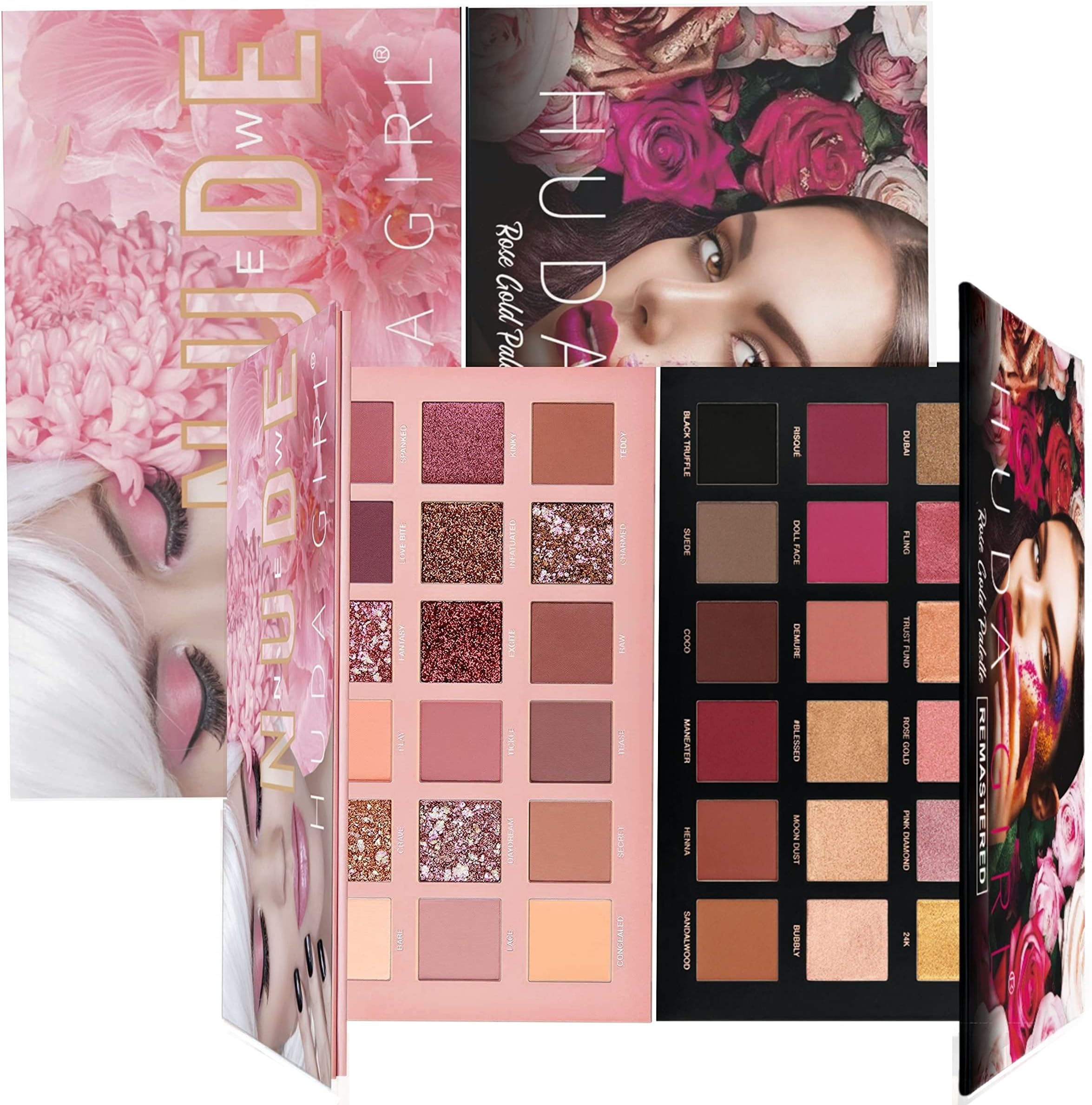 HUDA GIRL Beauty Rose Gold Remastered + Nude Edition Eyeshadow Palette Combo Kit - 36 Matte and Shimmer Finishes, Includes Black Eyeshadow - Complete Eye Shadow Palette Set
