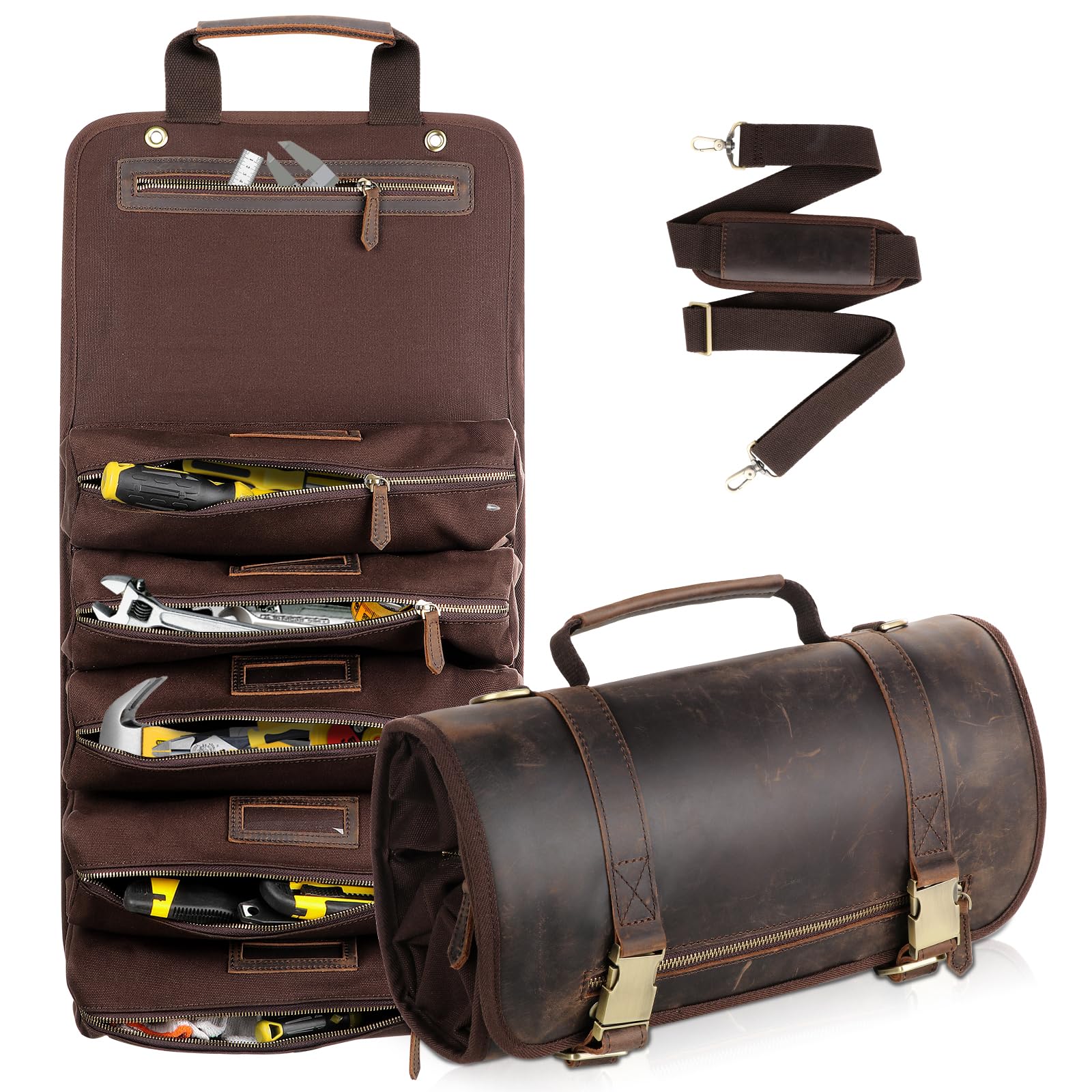Leather Tool Bag Genuine Leather Tool Roll Bag Rolling Up Tool Bag with 6 Pockets Heavy Duty Roll