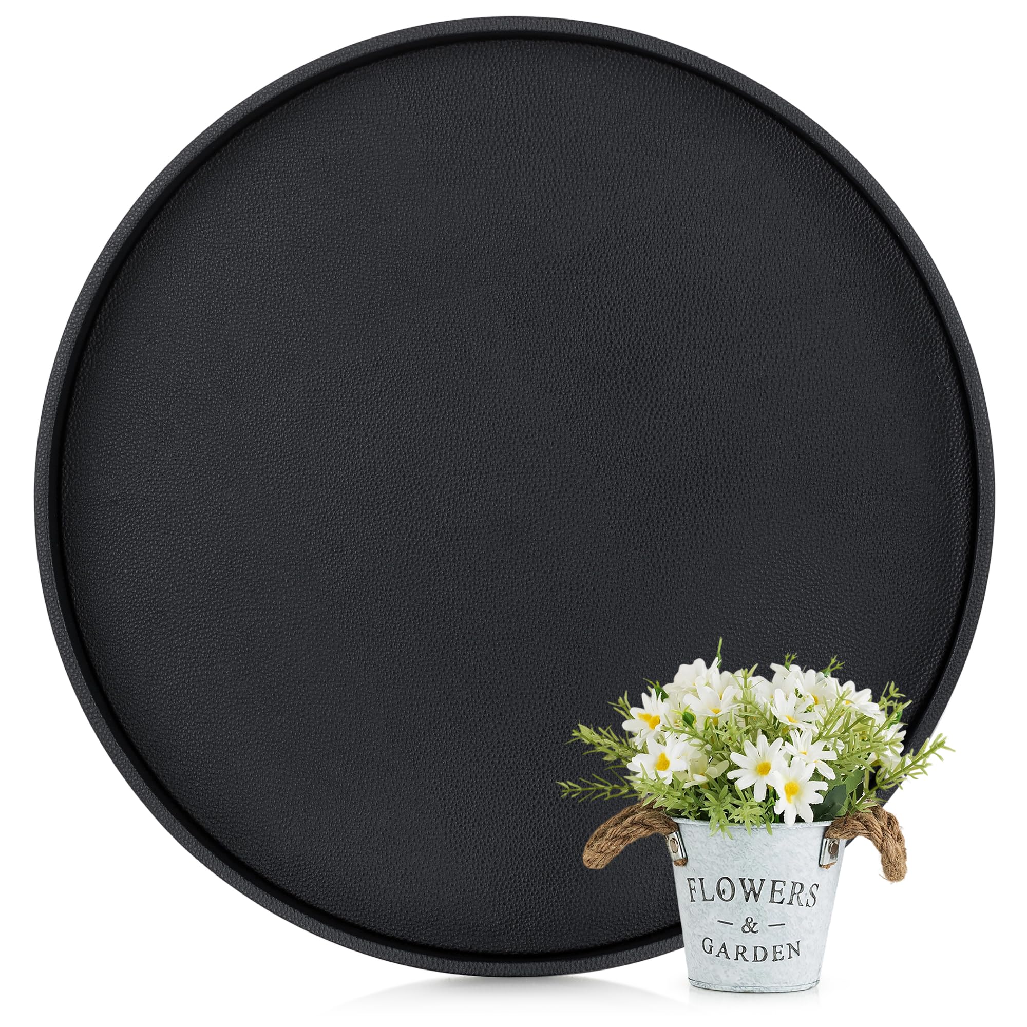 hanobe ottoman serving tray round: large faux leather coffee table trays 18 inches decorative black modern home decor for living room sofa couch kitchen counter bedroom