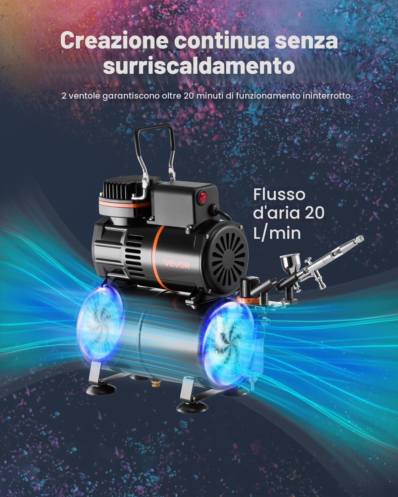 VEVOR Set Aerografo con Compressore d'Aria Serbatoio 1/6 HP, 1 Aerografo a Doppia Azione con Ugello 0,3 mm Tubo Flessibile Vernice Acrilica Ventole, Kit Aerografo per Decorazione di Pittura, Modelli