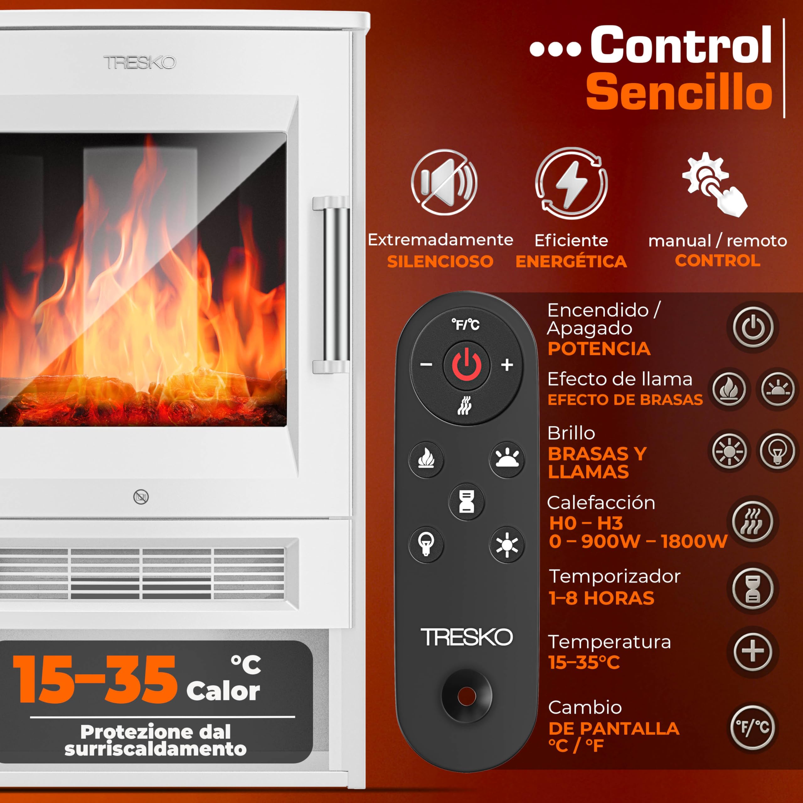 TRESKO Chimenea eléctrica 1800W Smart Home WiFi Mando Estufa Efecto Llama LED Pantalla LCD Termostato Calefacción ventilado Blanco