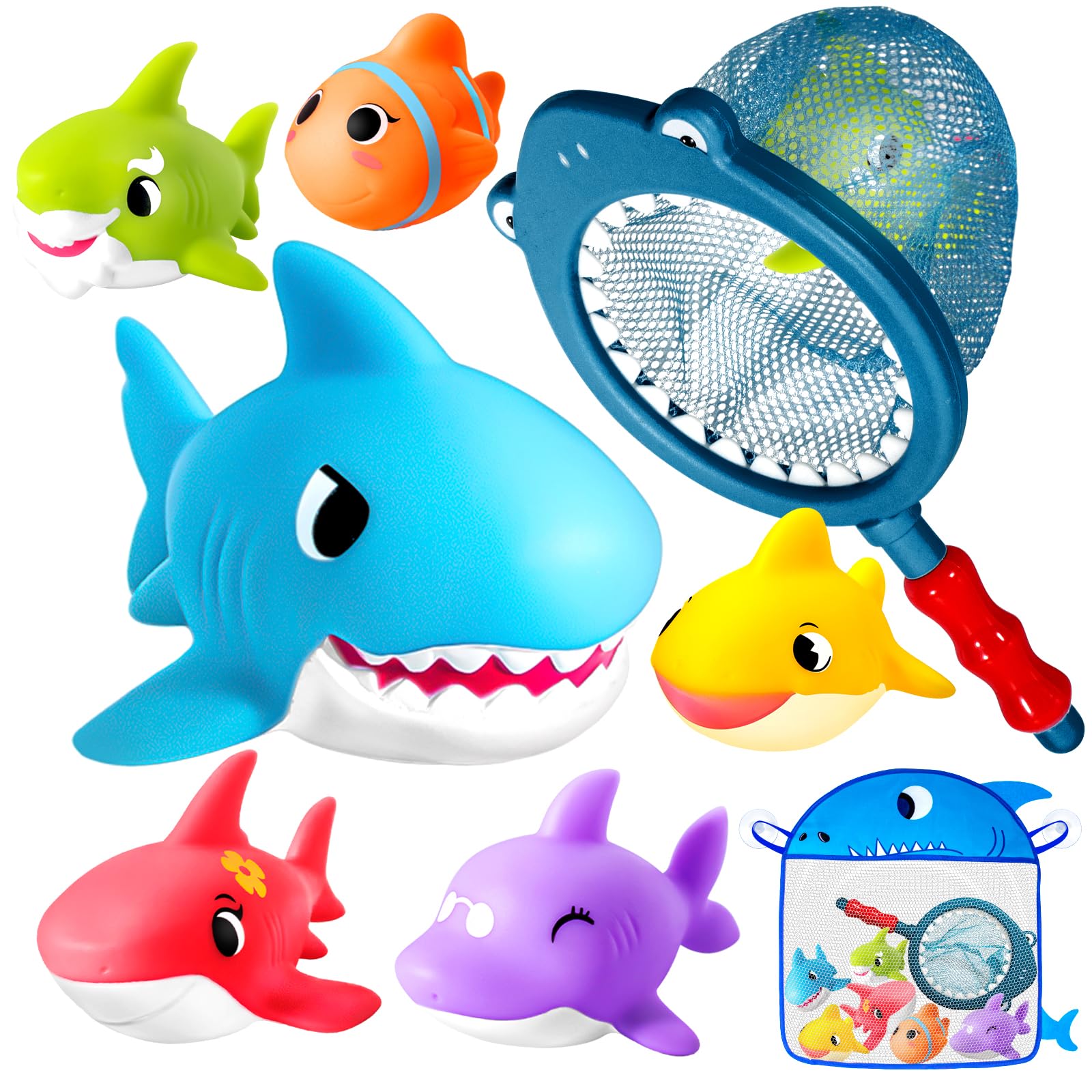 Juguetes de baño para bebés sin agujeros, juego de juguetes de baño de tiburón con red de baño y almacenamiento, juguetes flotantes para ducha de agua y piscina