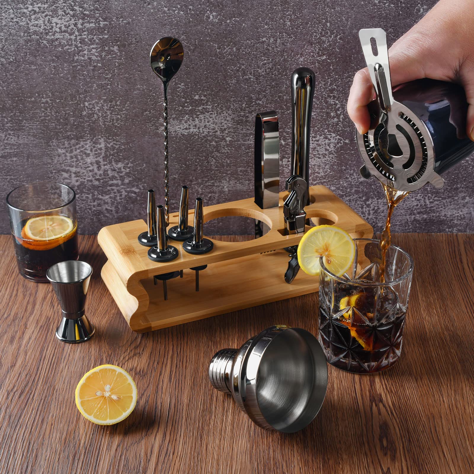 Kit Cocktail Complet Esmula Kit De Barman Avec Support élégant En Bambou, 12 Kit Cocktail Complet Professionnel