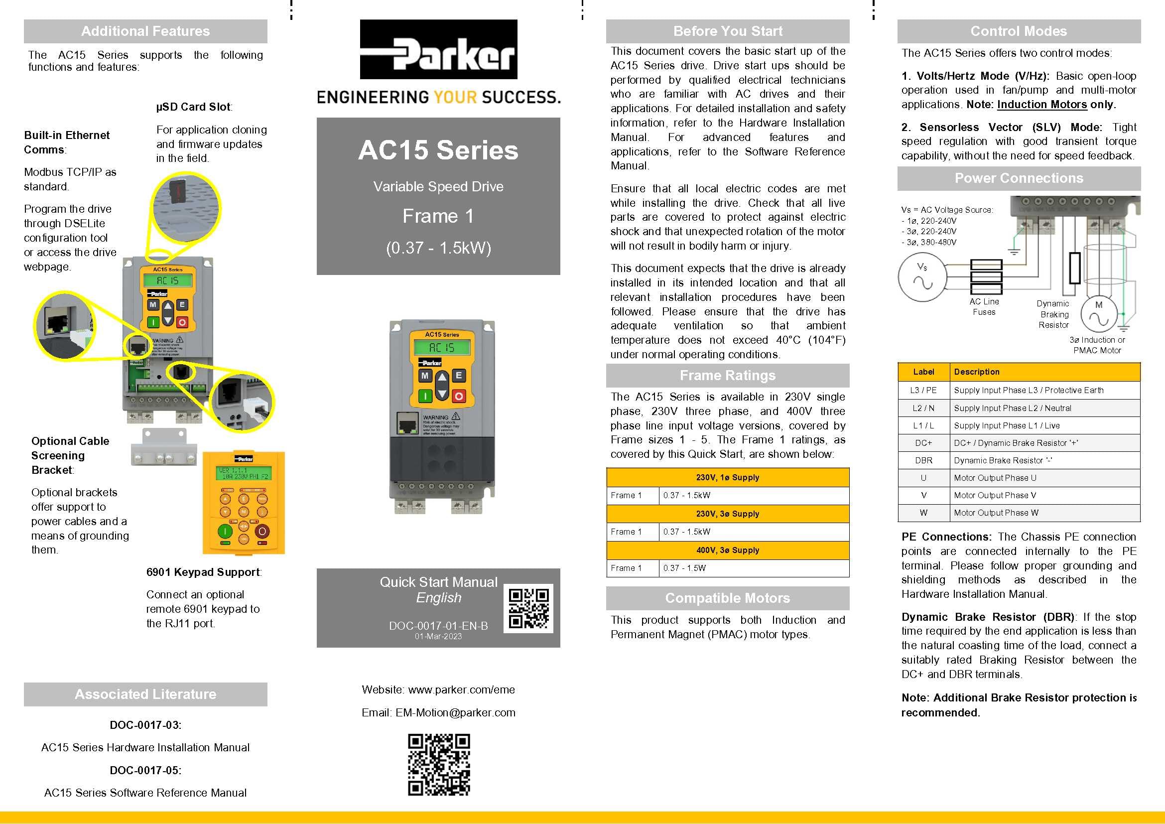 Frequenzumrichter AC15 Parker 0,75kW 2A C3; In:3Ph-400V/Out: 3Ph-400V