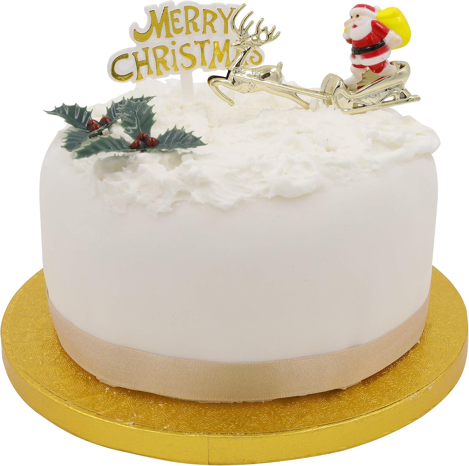 Christmas Cake Decorations Toppers 4 Piece Set, Merry Christmas Sign, Santa on Sleigh & 2x Holly - Image 3