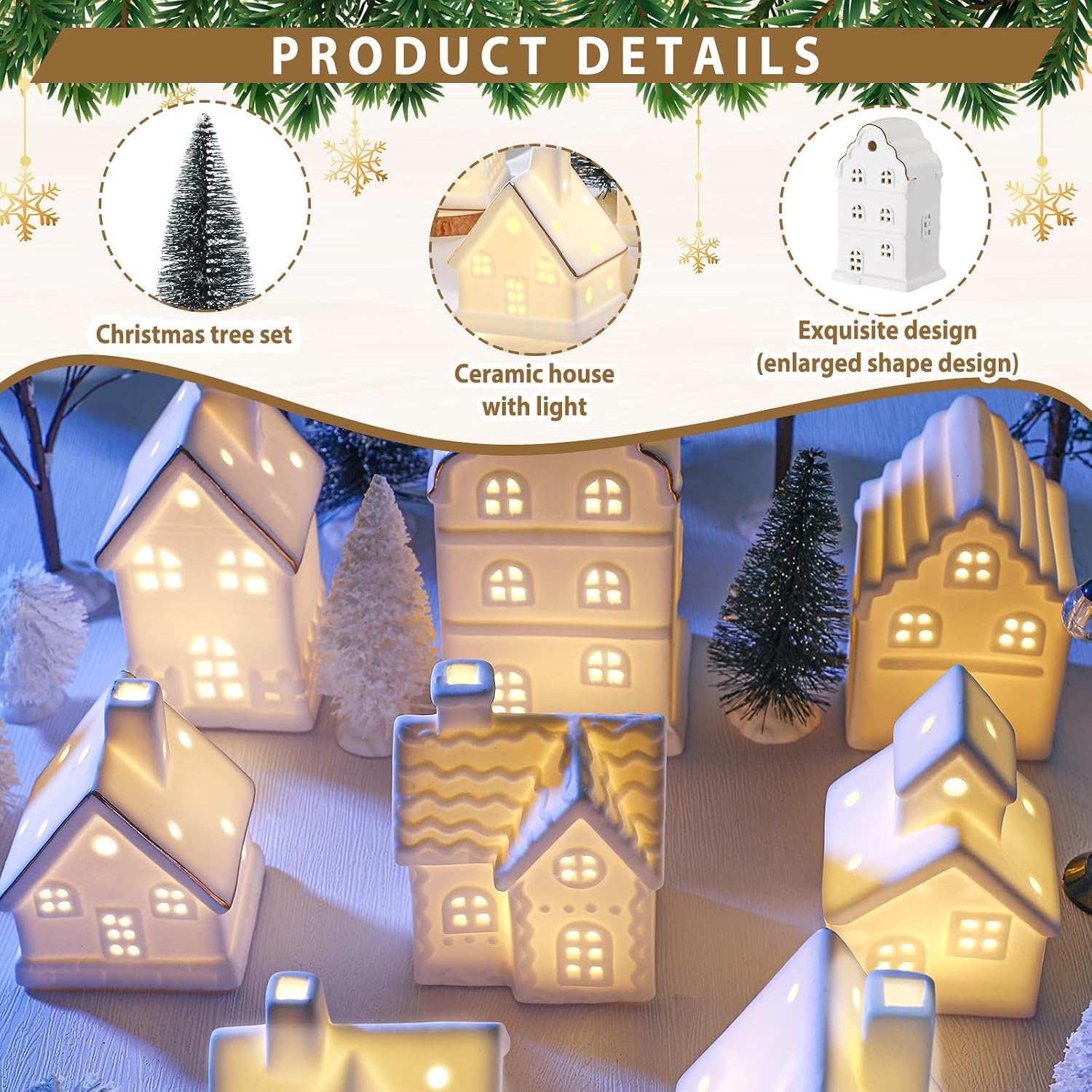 Wesiti 28 Pcs Ceramic LED White Christmas Village Set Include 8 LED White Christmas Village Houses 18 Xmas Trees 2 Lamp Post Scenes Decor Xmas Figurine Decoration Tabletop Mantel Shelf(Cute)