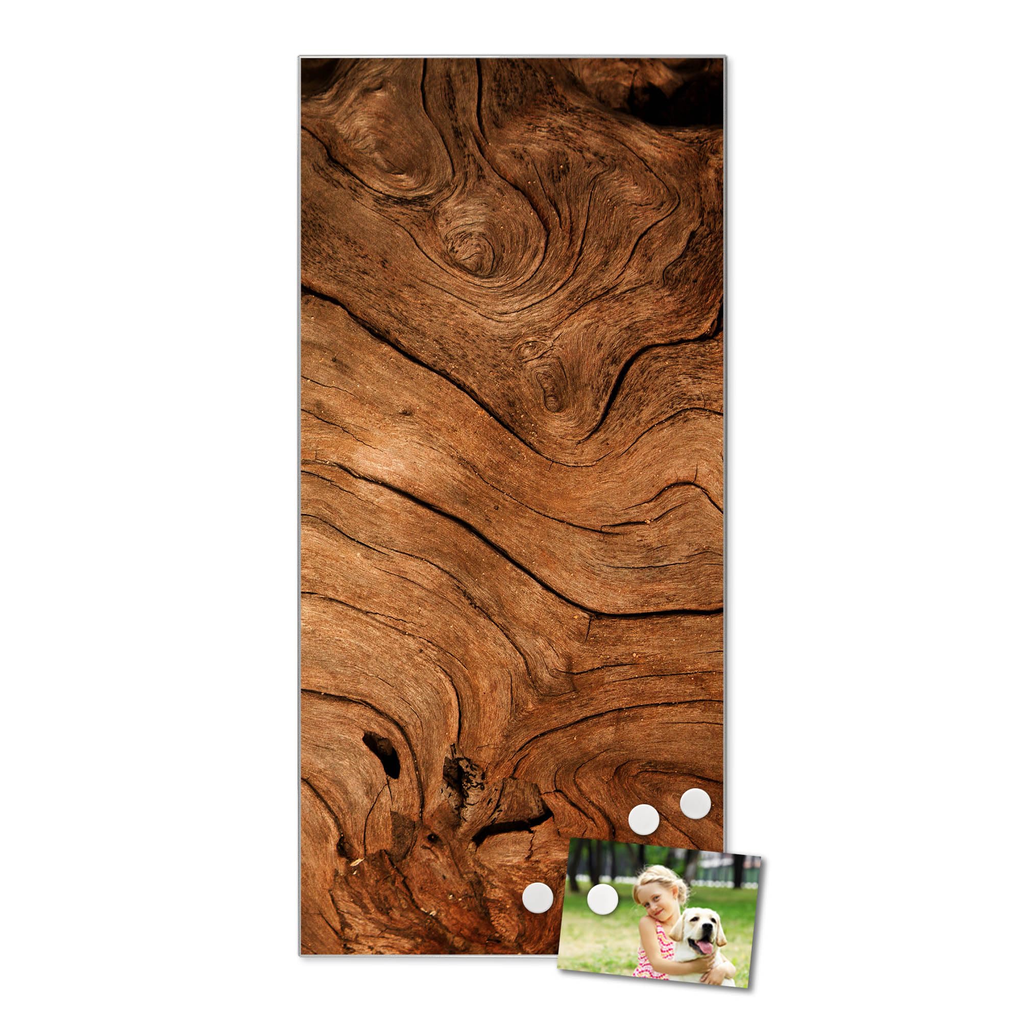 banjado® Magnettafel 37 x 78cm / Magnetwand aus Metall/Magnetpinnwand als Memoboard/Pinnwand Magnettafel Küche, Büro, Kinderzimmer inkl. 4 Magnete & Montageset - Motiv Trockenes Holz