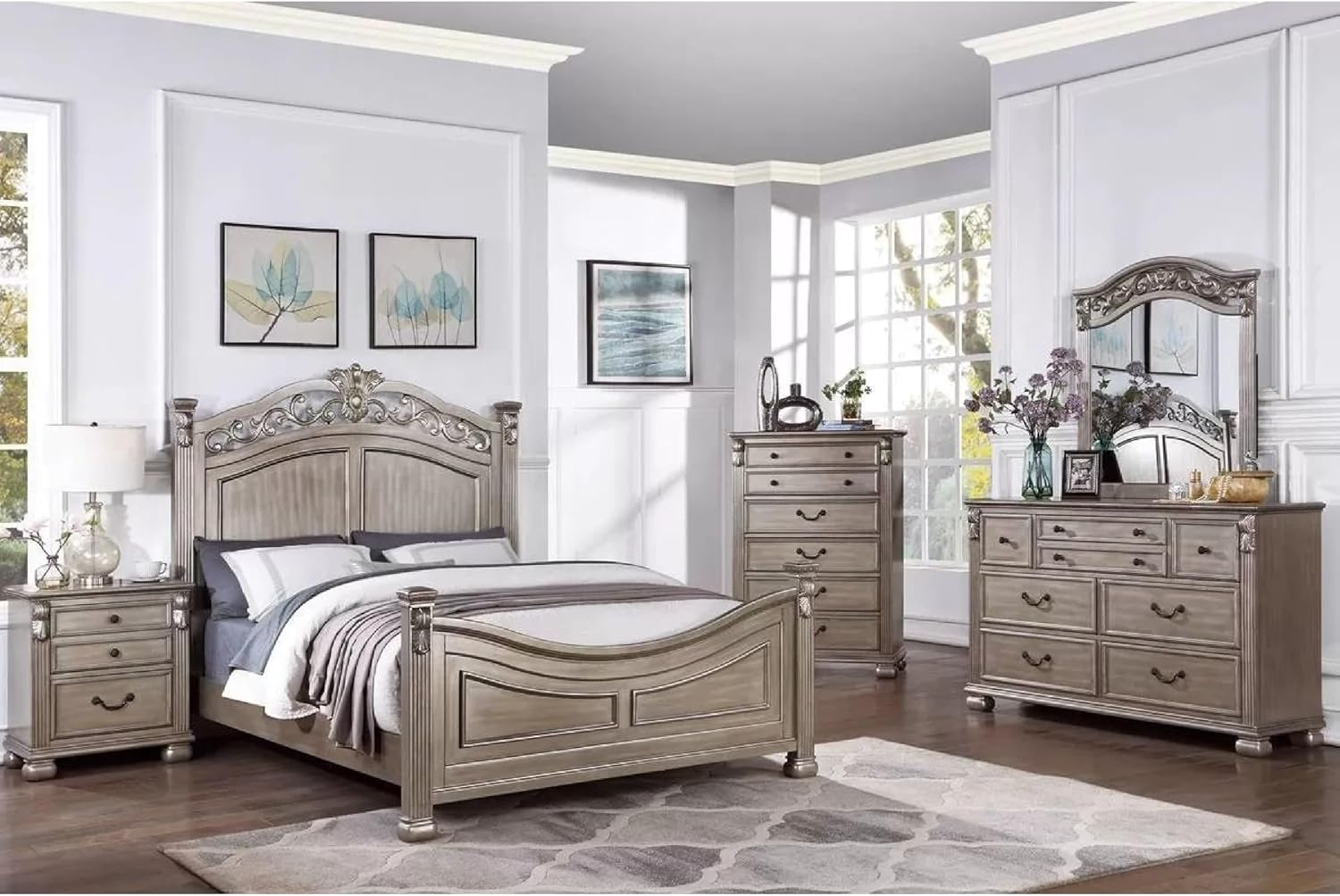 Benjara BM301360 Aza Traditional Wood Leaf Carvings Bed Champagne Gold - California King Size