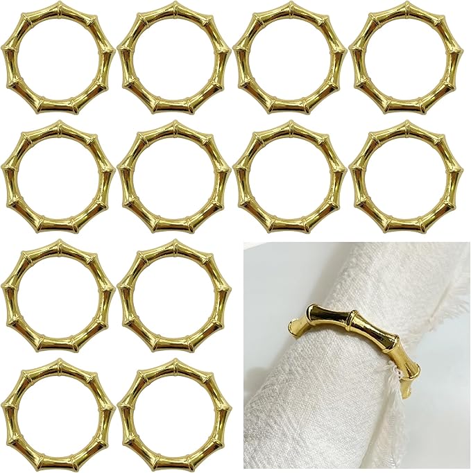 Gold Napkin Rings Set of 12 Bamboo Napkin Rings Metal Napkin Ring Holder for Table Decoration, Dinner Party, Wedding