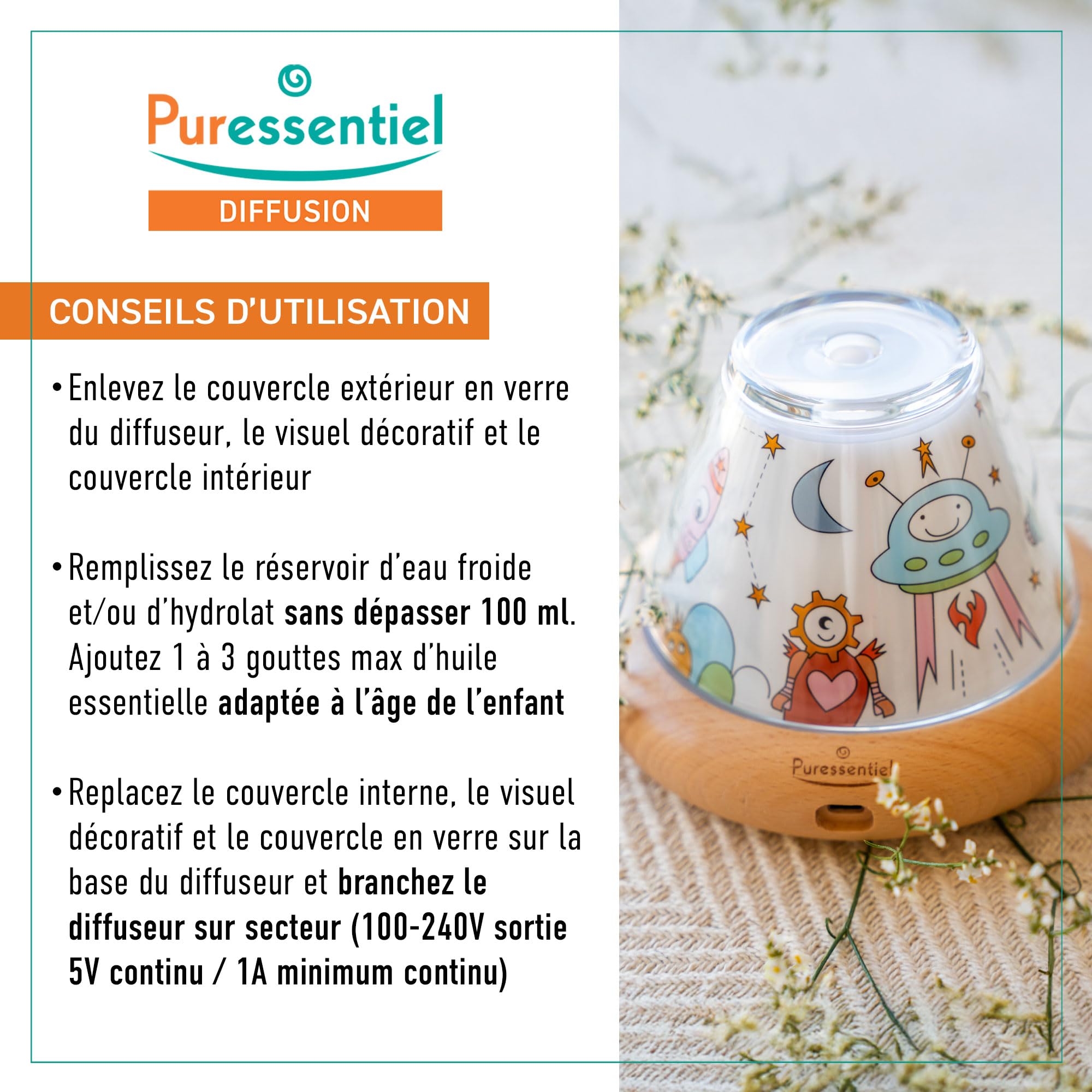 Puressentiel Diffuseur d'Huiles Essentielles Humidificateur ELIO | Modes veilleuse et sommeil pour les enfants. Décors personnalisables. Idée cadeau