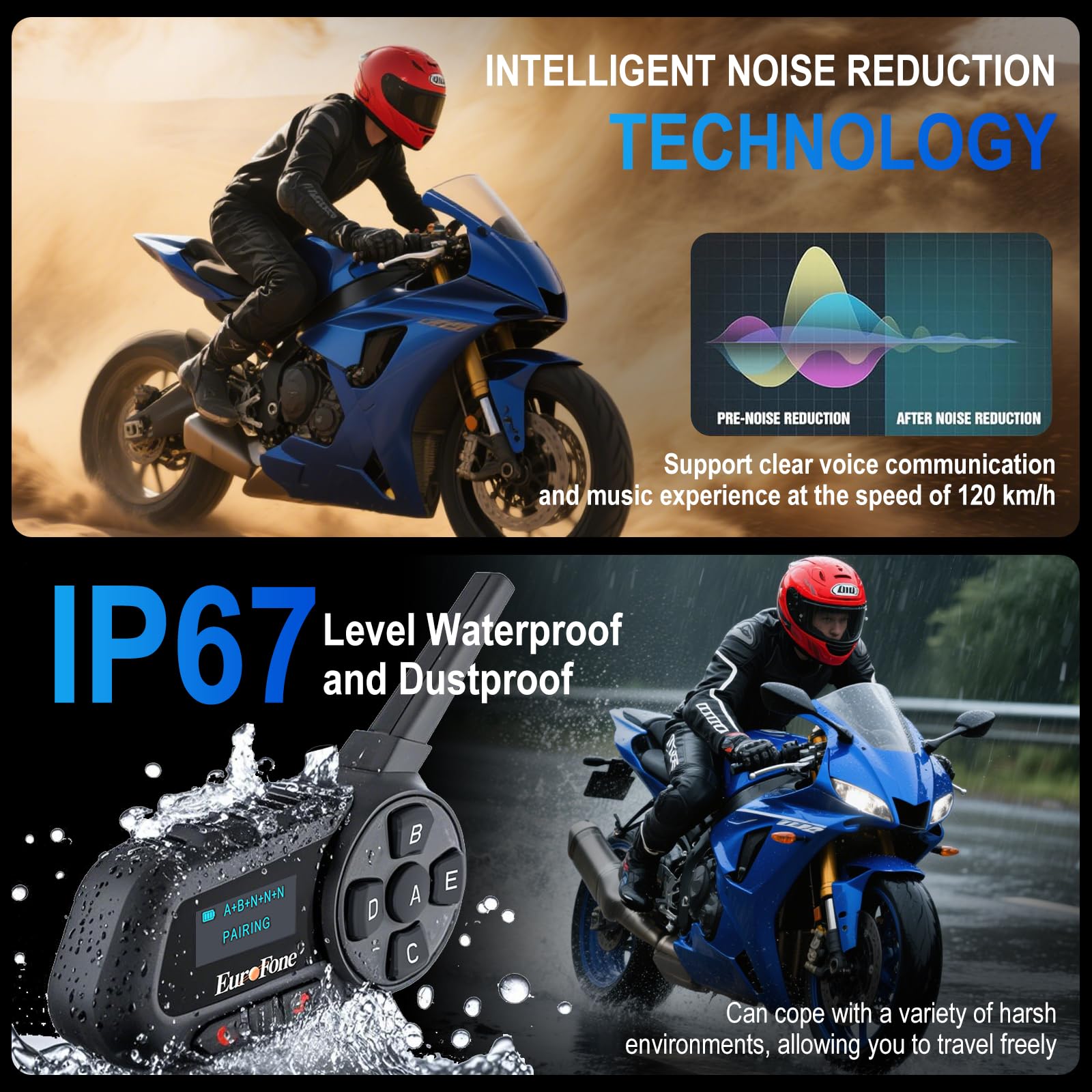 S6-1200-A Casque Bluetooth pour moto 1200 m 2 personnes Full Duplex interphone sans fil pour moto Connectez jusqu'à 6 conducteurs pour la moto, le ski et l'escalade