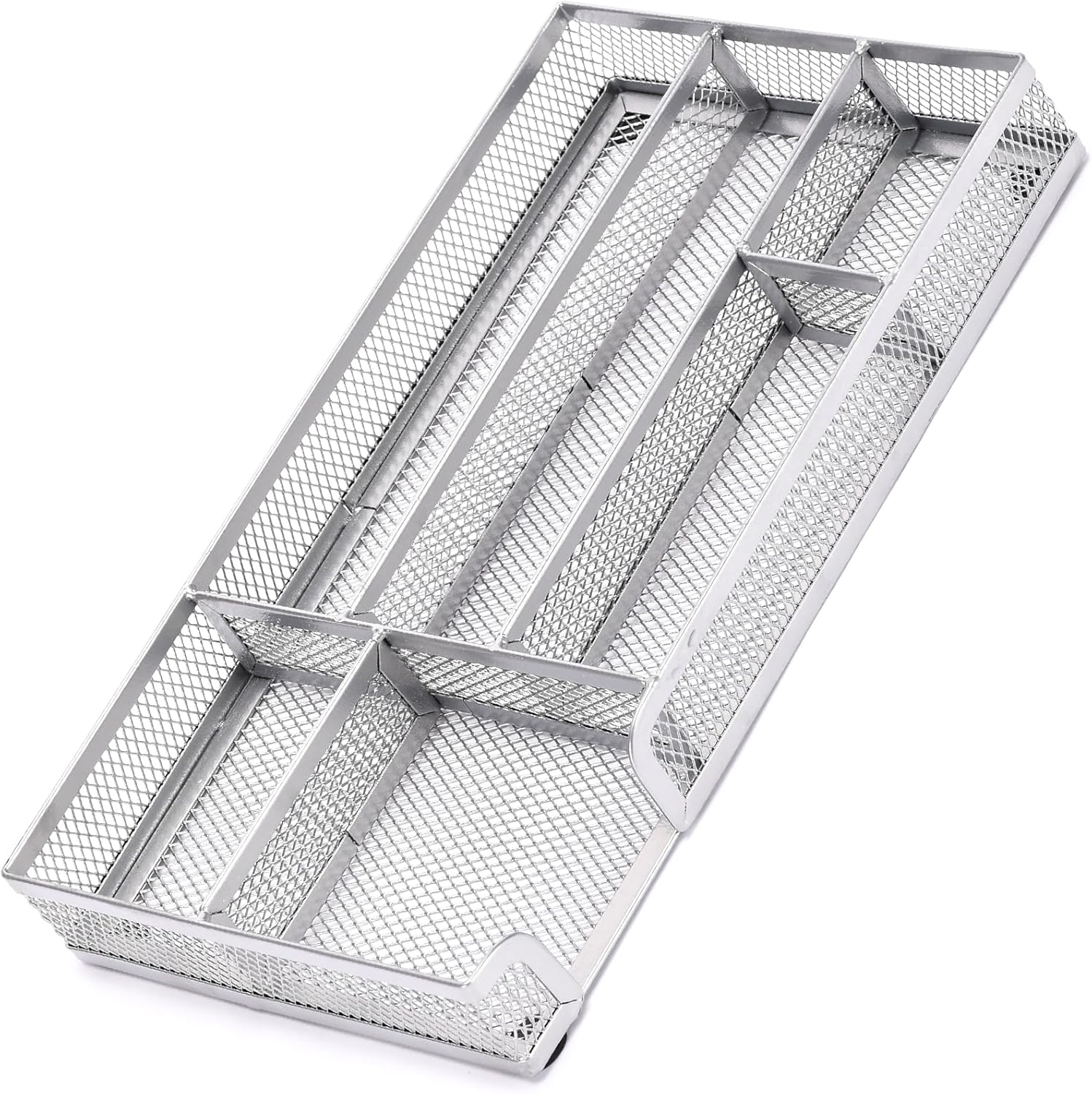 Desk Drawer Organizer Tray, Metal Mesh Drawer Office Drawer Organizer w/6 Compartment, Small Desk Organizer Tray for Home Office School Supplies, Desktop, 11X 6 X 1.45in, Sliver