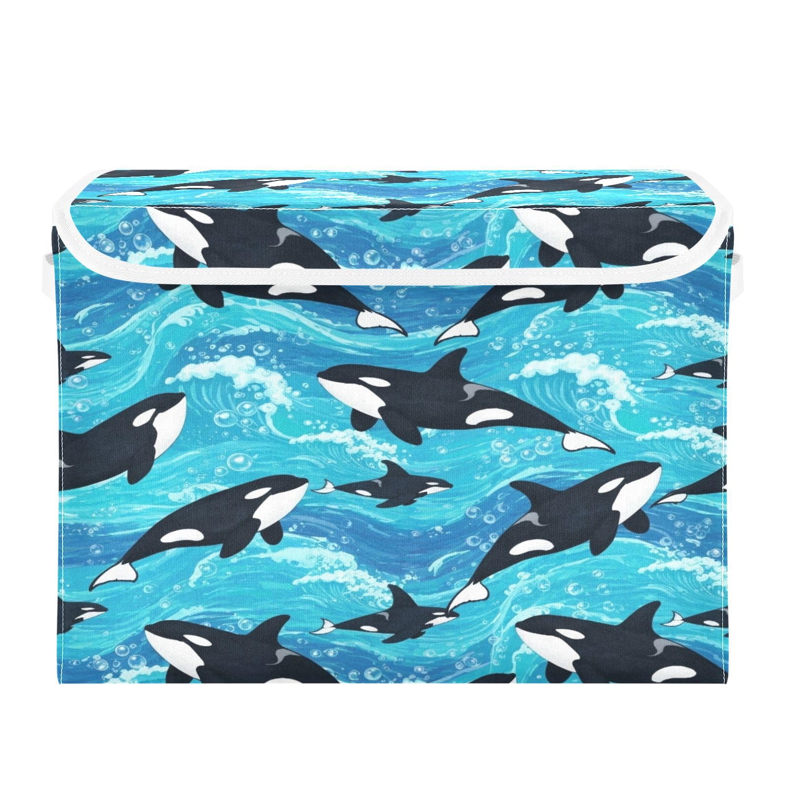 Ewusp Whale Fabric Storage Bin with Lid, Decorative Foldable Storage Basket with Handles, Stackable Closet Shelf Organiser Box for Clothes, Books, Bedroom, Living Room